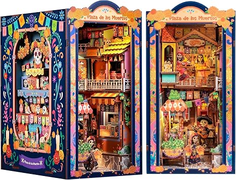 CUTEBEE Book Nook Kit - Mexican Fiesta DIY Miniature Dollhouse, Vibrant LED Bookshelf Decor Alley Model for Adults Teens, Gifts for Family and FriendsPlaza de Los Muertos