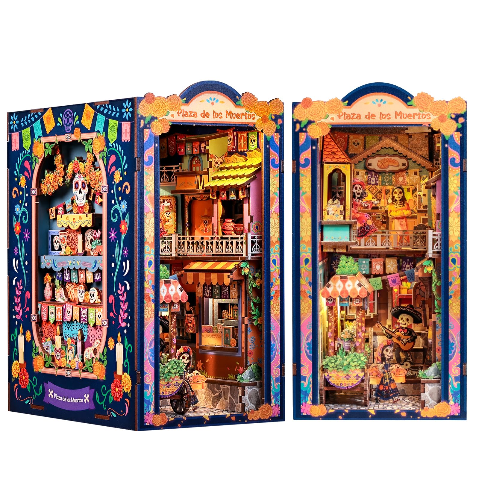 CUTEBEE Book Nook Kit - Miniaturowe domki lalkowe DIY meksykańska fiesta, Żywy model uliczki z LED, Prezent dla rodziny i przyjaciół (Plaza de los Muertos)