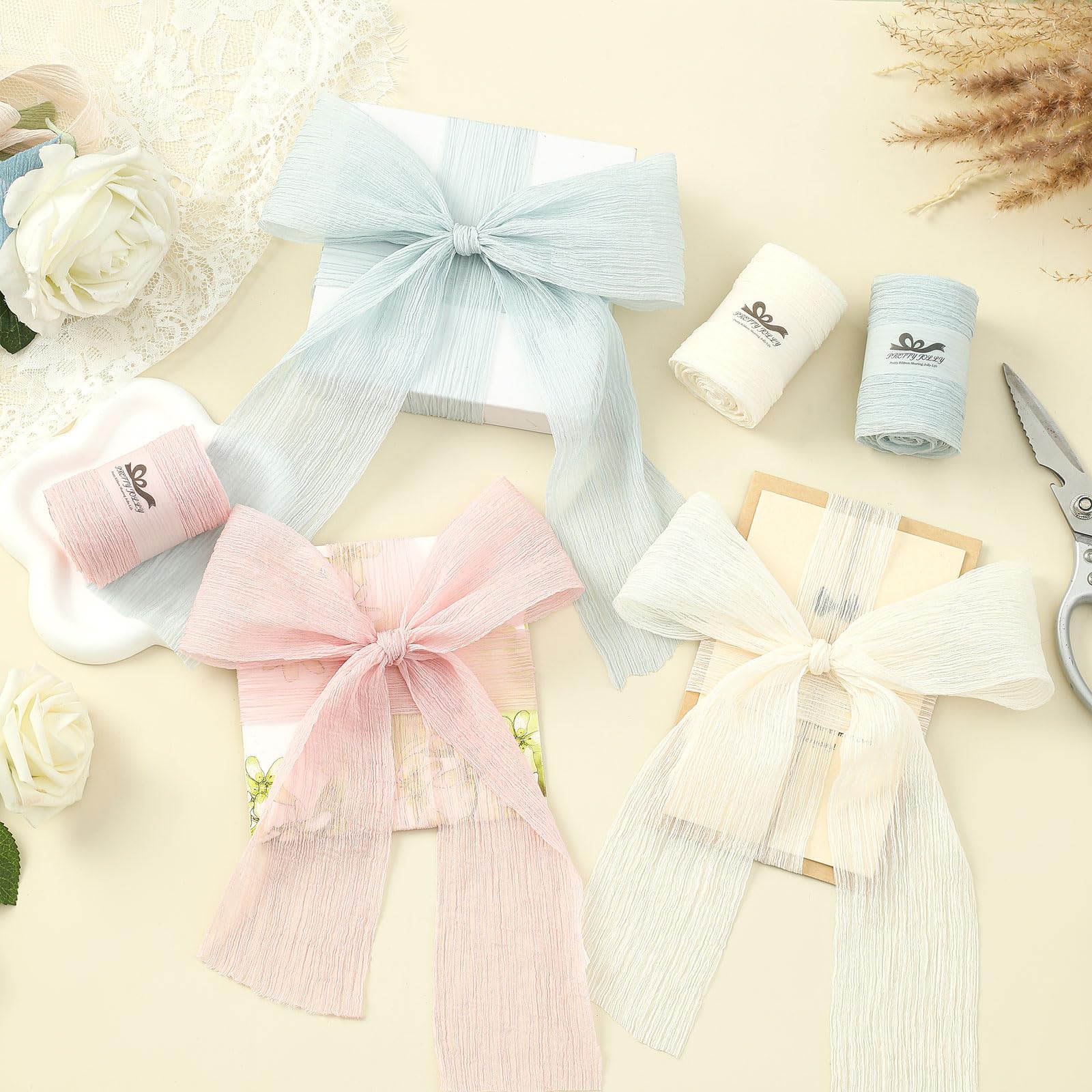Pretty Jolly Crinkle Chiffon Ribbon for Flower Bouquet 3 Inch White Tulle Ribbon for Gift Wrapping Handmade Silk Ribbon 9 Yards Double Faced Ribbons for Crafts Hair Wedding Invitation Baby Shower - Image 4