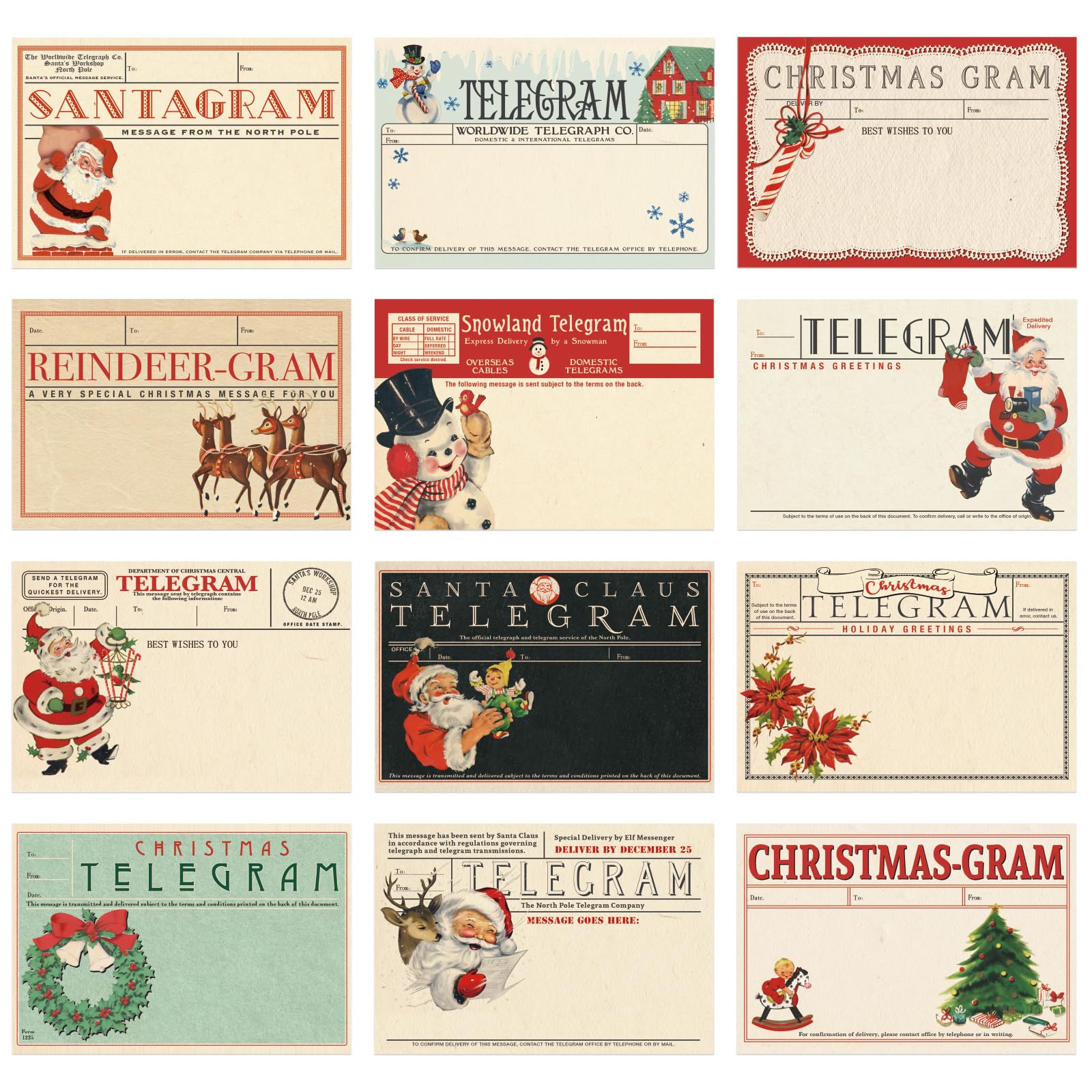 JarThenaAMCS 240 Stück Weihnachts-Vintage-Aufkleber, Retro, Weihnachtsmann, Schneemann, blanko, selbstklebend, Geschenk-Namensschild, Aufkleber für Weihnachten, Winter, Urlaub, Geschenk, 12 Designs