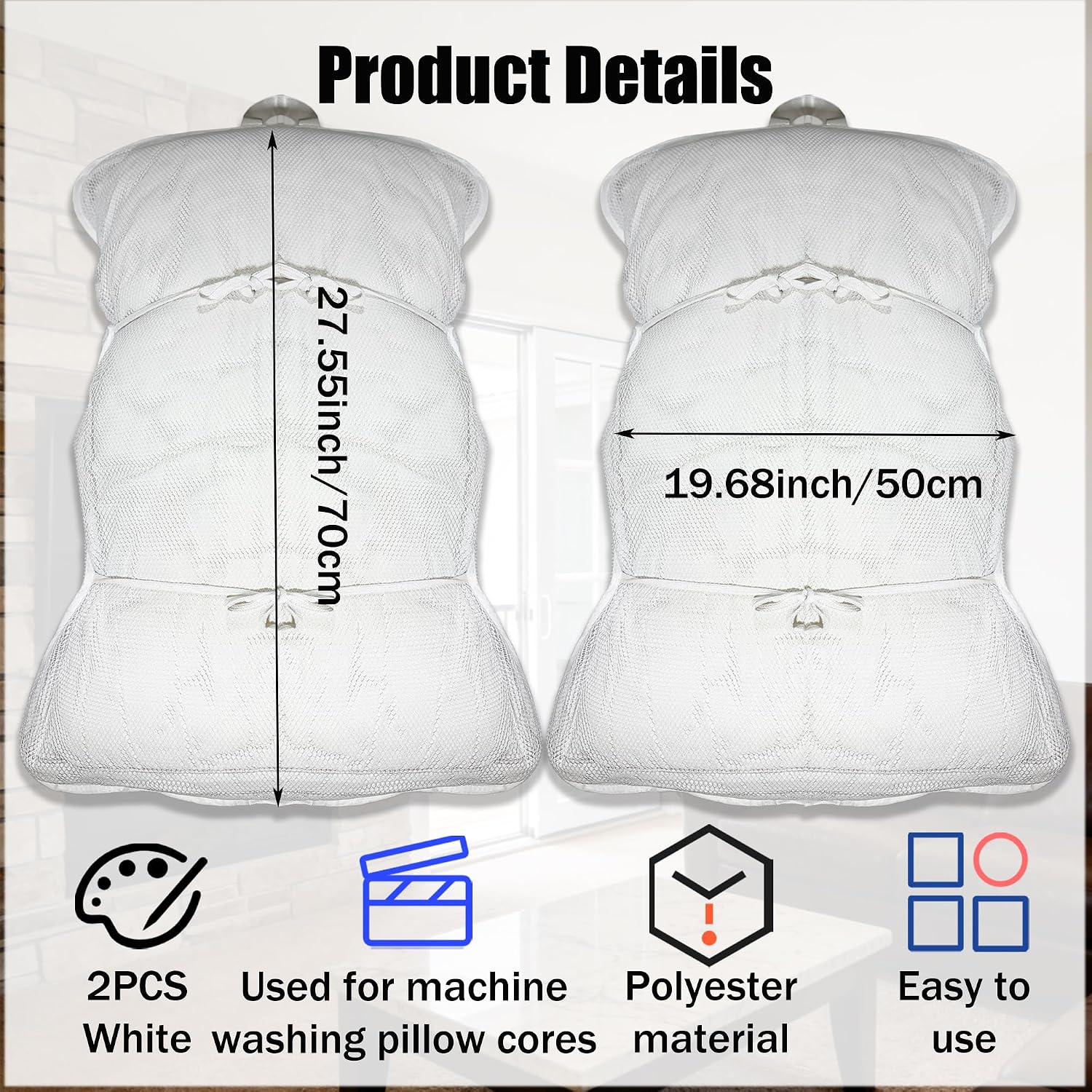 2Pcs Large Pillow Core Laundry Bag with Hanging Straps | White Breathable Pillowcase Protective Mesh Laundry Garment Bags for Washing Machine 19.68 x 27.56 inches