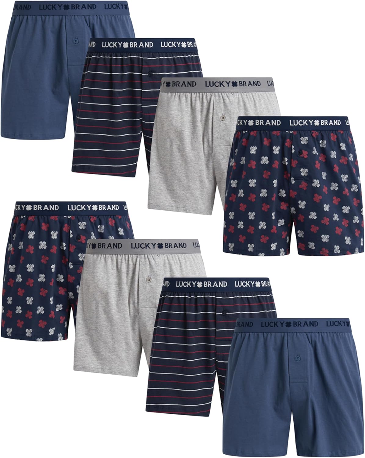 Lucky Brand Mens Underwear Boxer Shorts - 8 Pack Super Soft Knit 4'' Inseam Relaxed Fit Cotton Boxers for Men with Button Fly