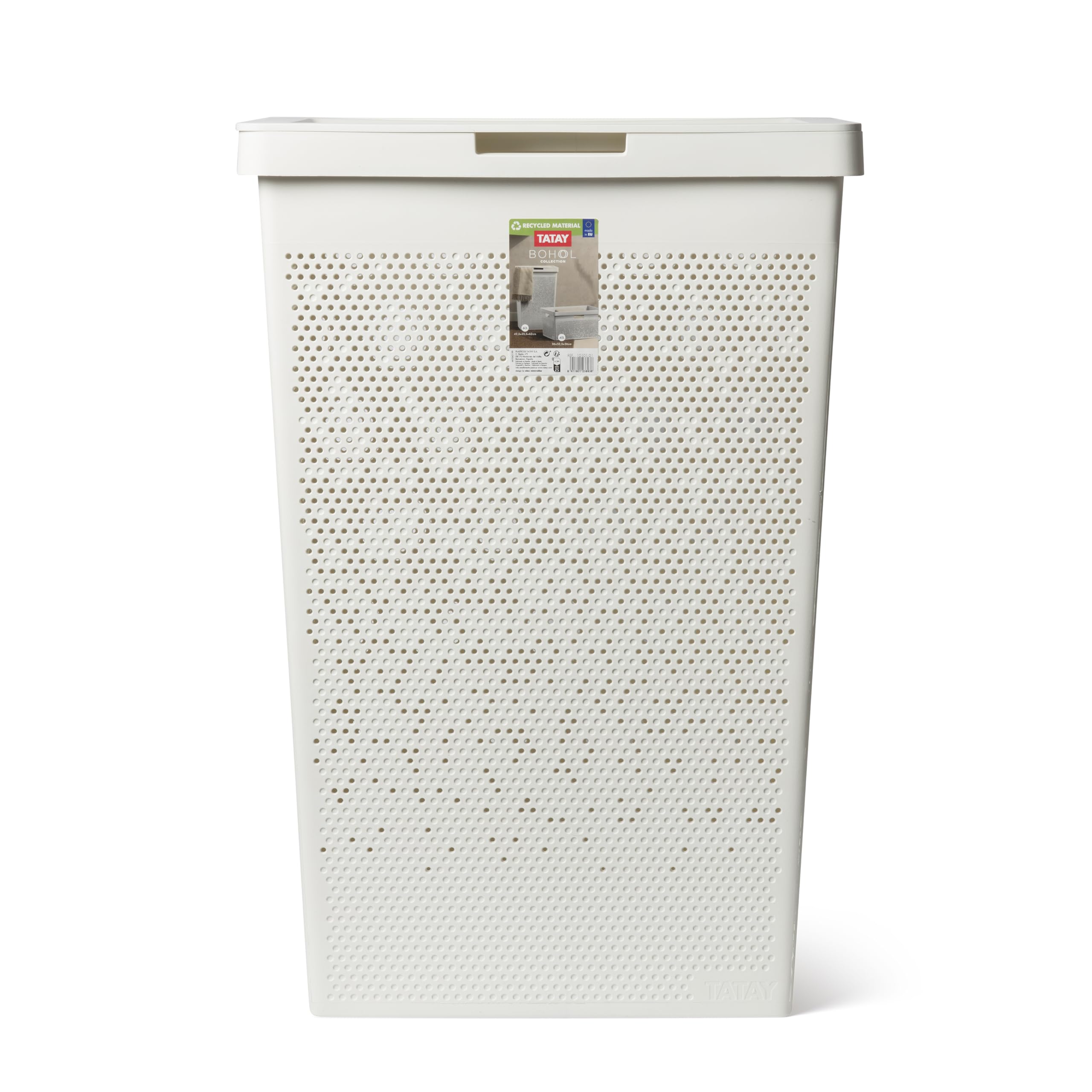 TATAY Cesta Ropa Sucia 60L Bohol | Diseño Minimalista | Tapa Abatible, Asas Laterales | Ventilación Óptima | Plástico 100% Reciclado Libre de BPA | 42,5x33,5x60 cm, Blanco