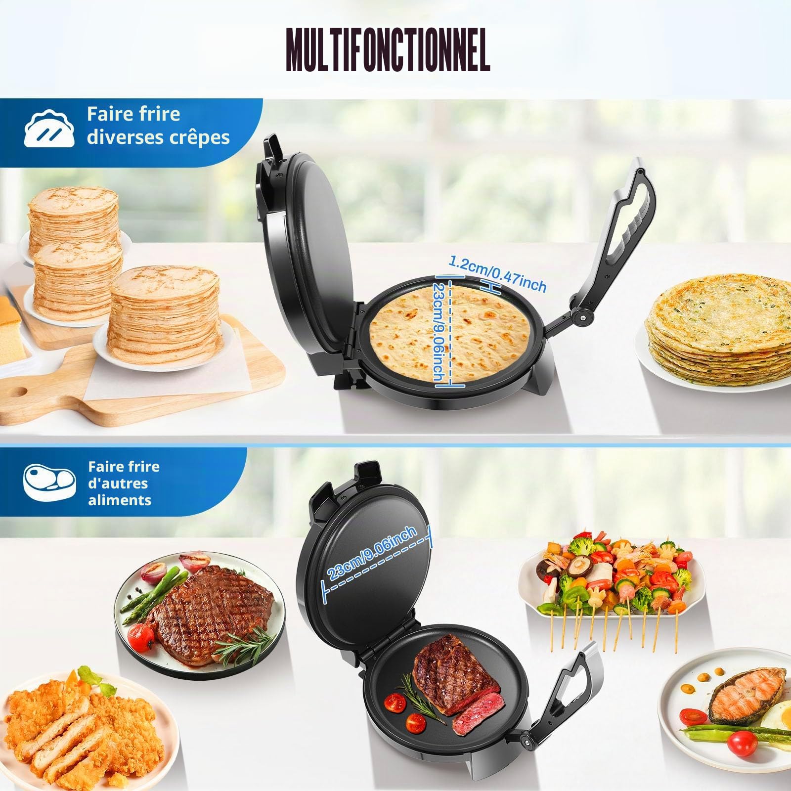 Roti Maker électrique avec chauffage double face, revêtement antiadhésif, thermostat réglable pour crêpes et pains plats