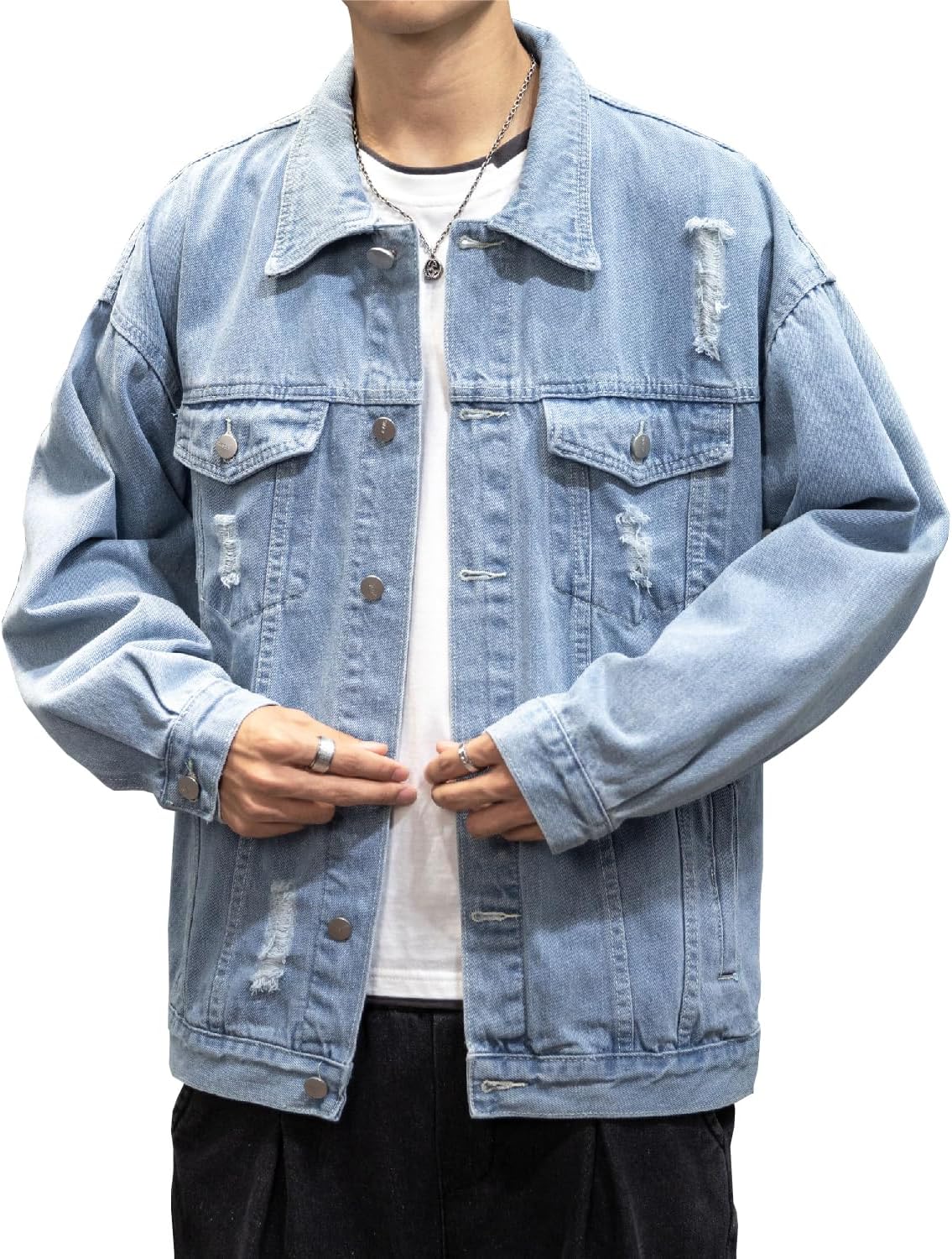 Men's Distressed Denim Jacket Casual Vintage Rugged Trucker Coat