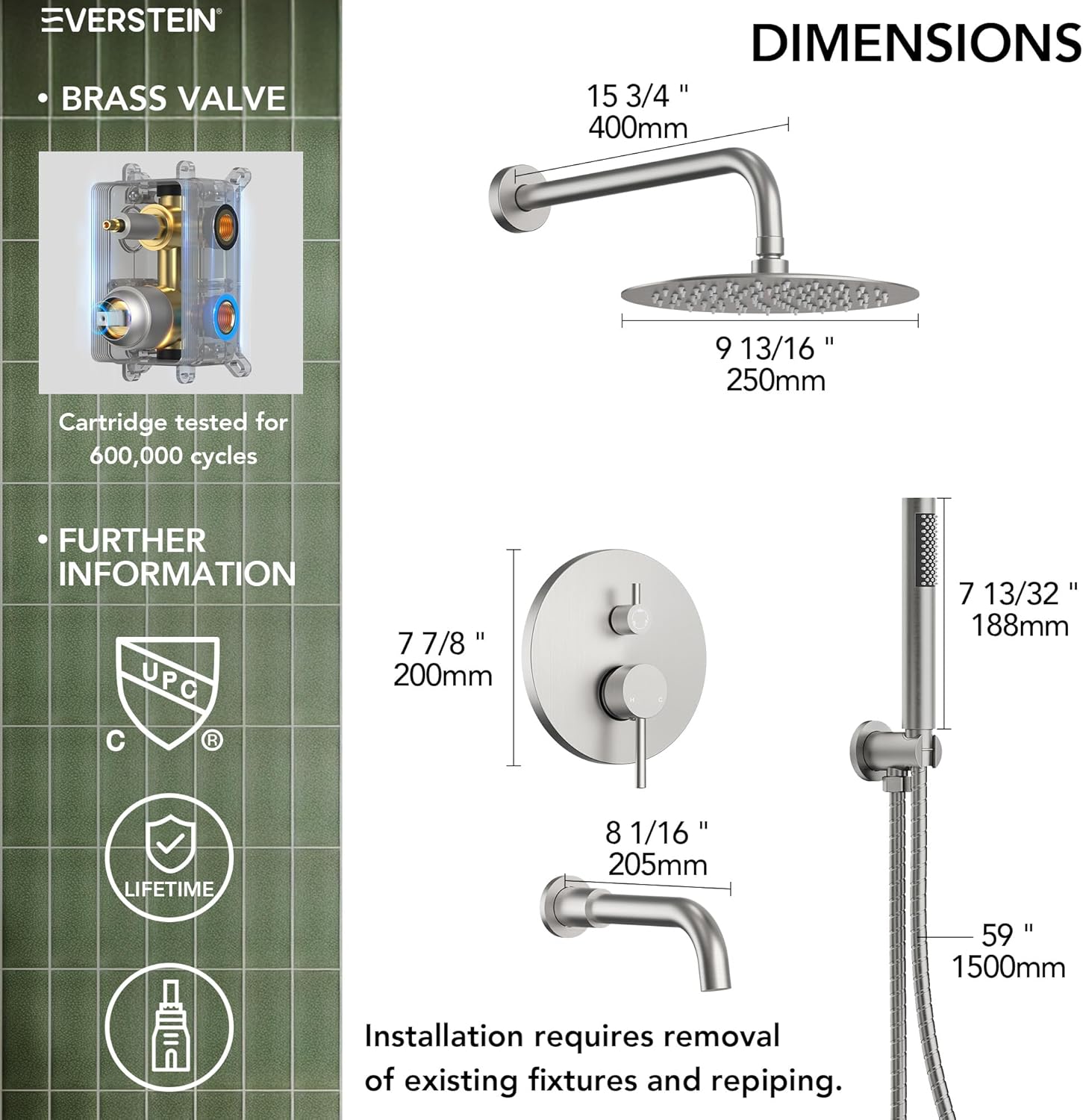 10" High-Pressure Rainfall Shower System with Handheld Spray, Wall Mount Bathroom Shower Faucet Set with Tub Spout (Brushed Nickel)