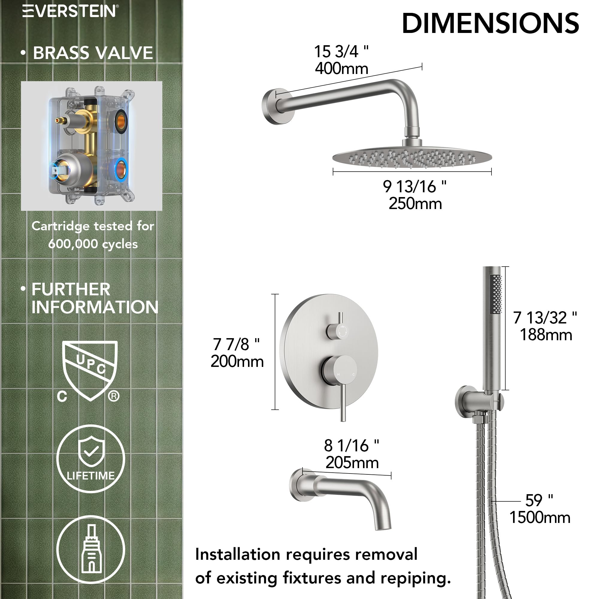 EVERSTEIN 3-Function Shower System With Tub Spout - 10 Inch Rain Shower Head & Handheld Sprayer, Brushed Gold