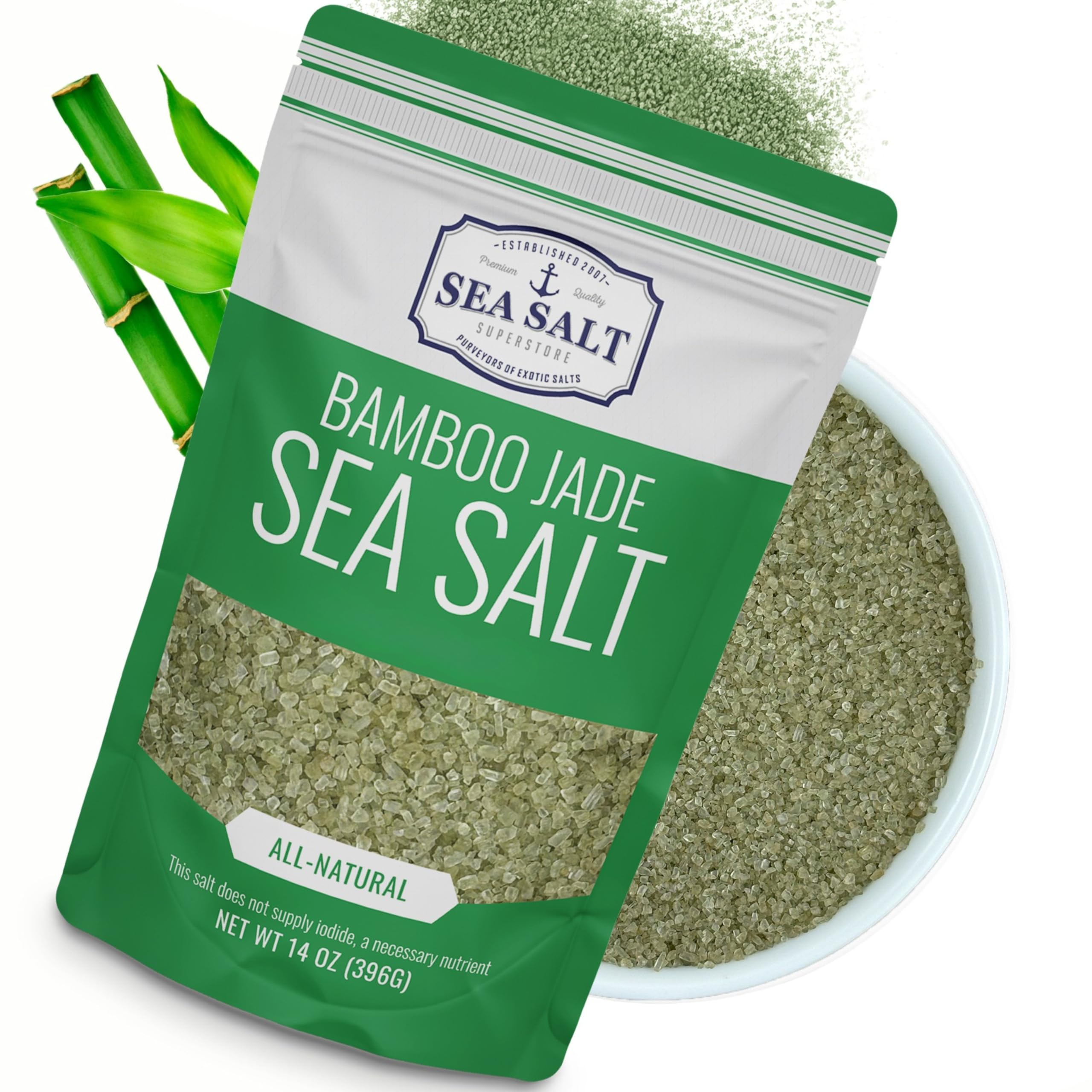 Hawaiian Bamboo Jade Sea Salt – Green Fine Sea Salt Infused with Real Bamboo Leaf Extract – For Finishing, Grilling & Seasoning – 14 oz Bag