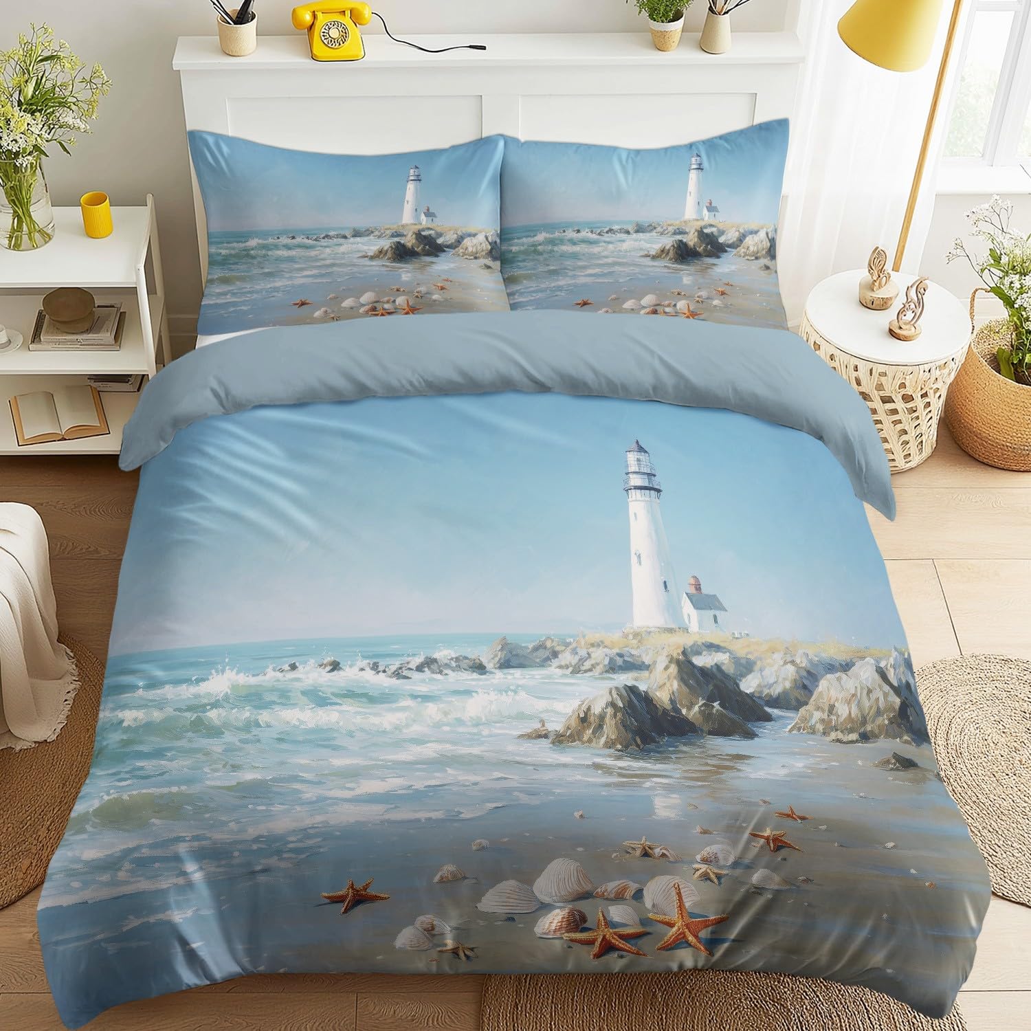 Housse de couette phare au lever du soleil 220x200 cm pour une chambre style bord de mer