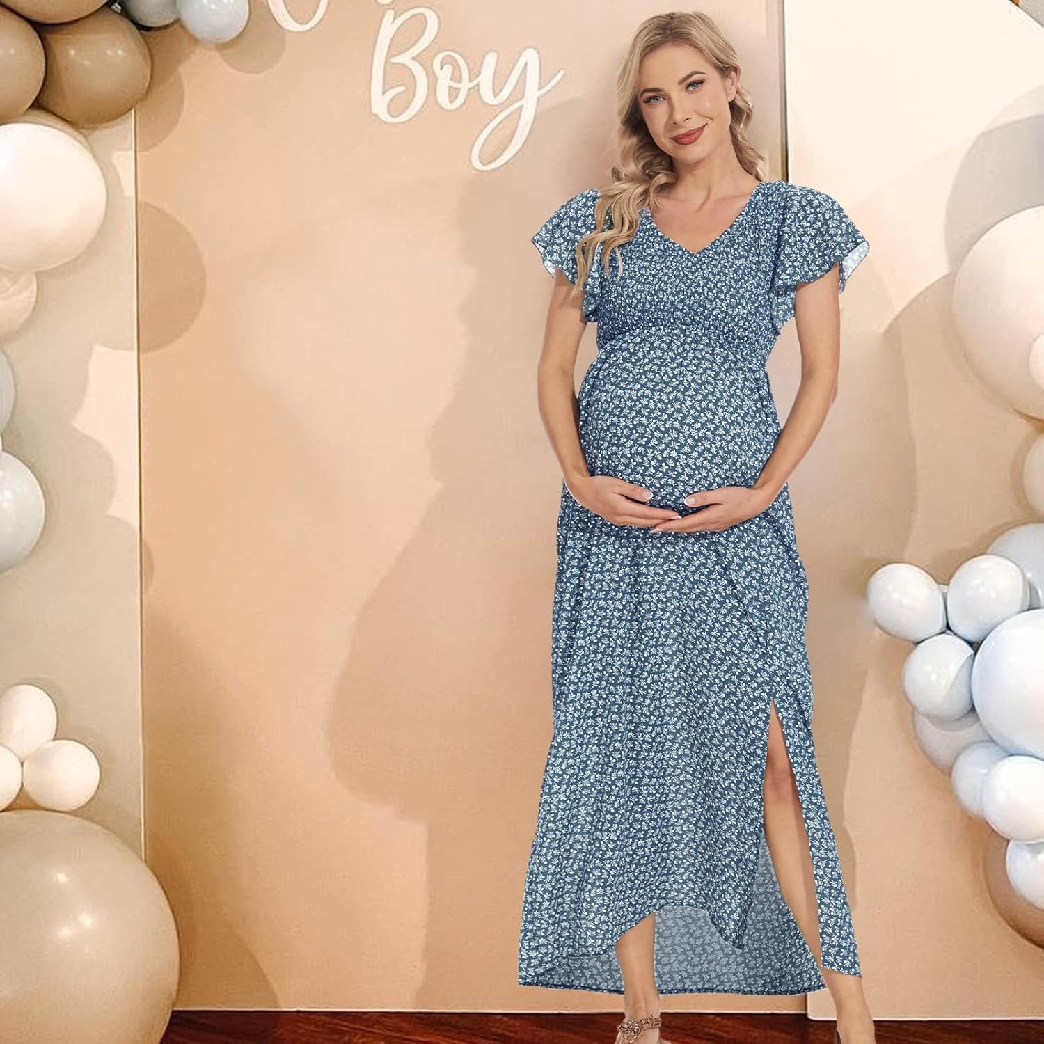 Floral Print V Neck Maternity Dress Boho Baby Shower Photoshoot Smocked Flutter Sleeve Split A Line Dress - Image 2