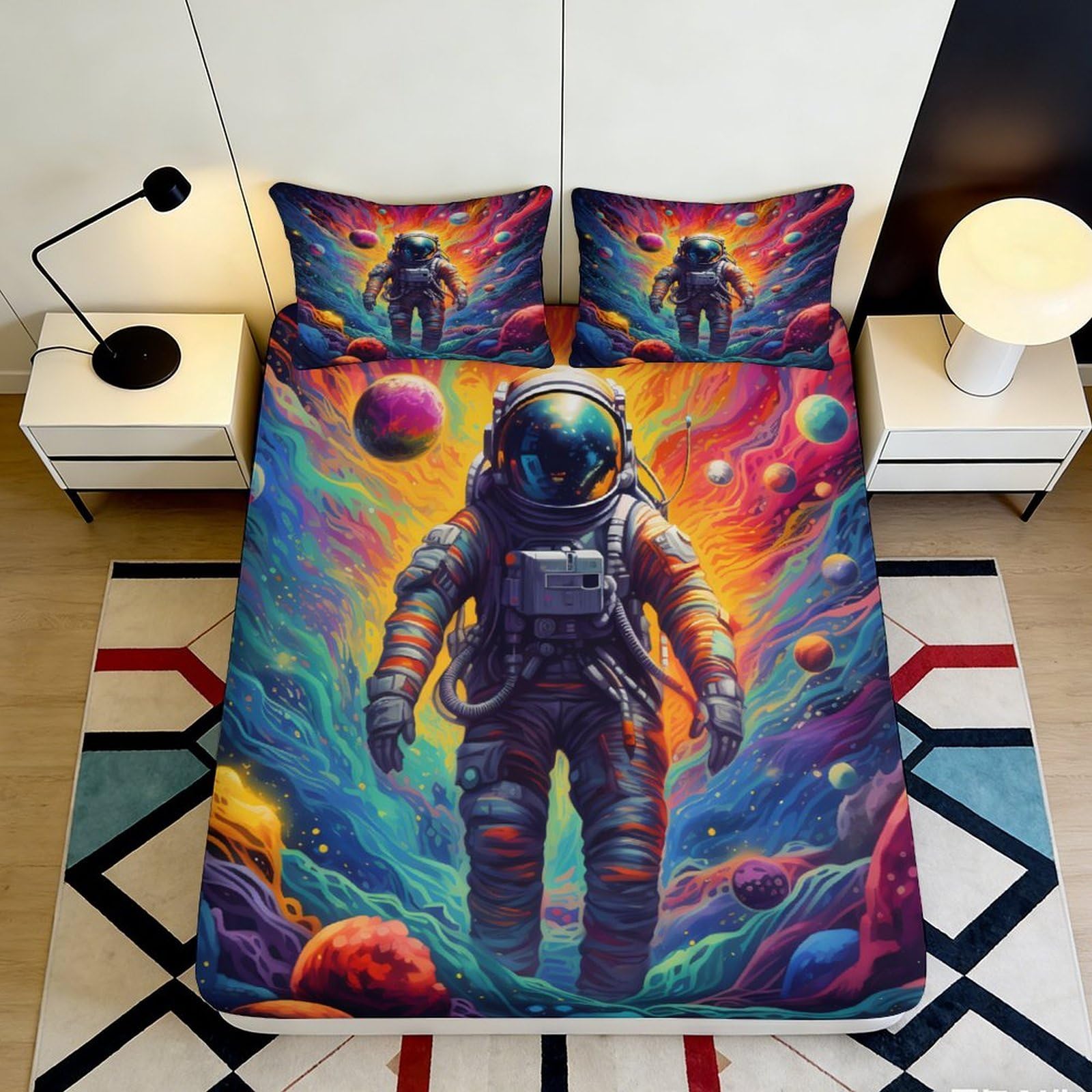 3D Printed Astronaut Galaxy Fitted Sheet Microfiber Soft Durable Cosmic Nebula Mattress Cover for Bedroom Dormitory Guest Room Bed Protection 180x200x25cm