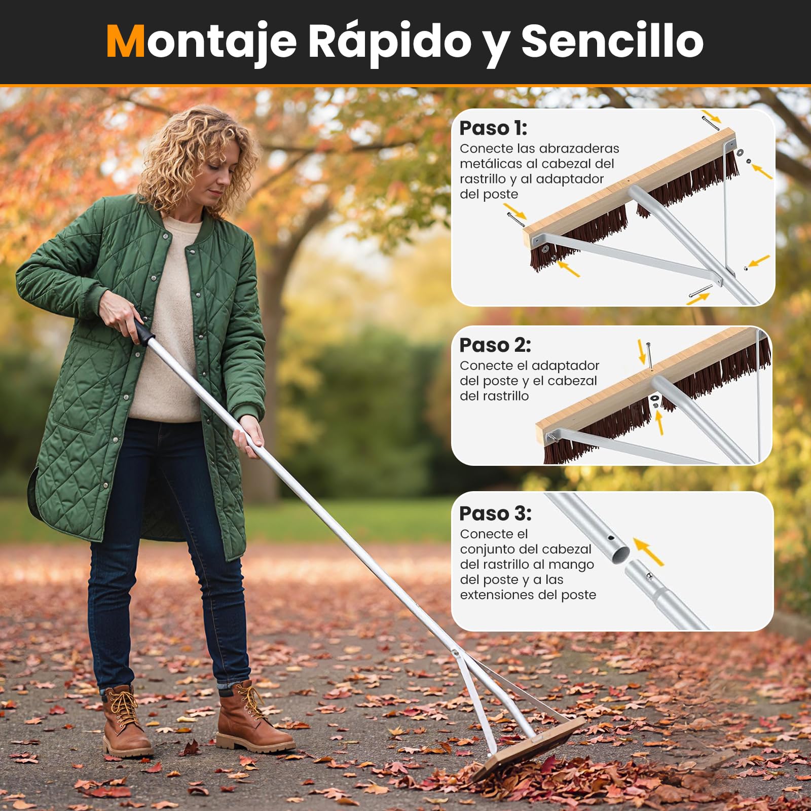 COSTWAY Rastrillo Jardin, Ajustable de 165-626 cm con 5 Varillas Extensibles de Aluminio Ligero, Recoge Hojas Jardin para Eliminar Hojas, Agujas de Pino y Piñas
