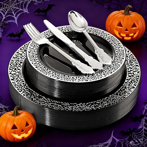 Miniatura 6 de WELLIFE Vajilla de plástico negro de 125 piezas, juego de cubiertos desechables de plástico, incluye 25 platos llanos, 25 platos de postre, 25