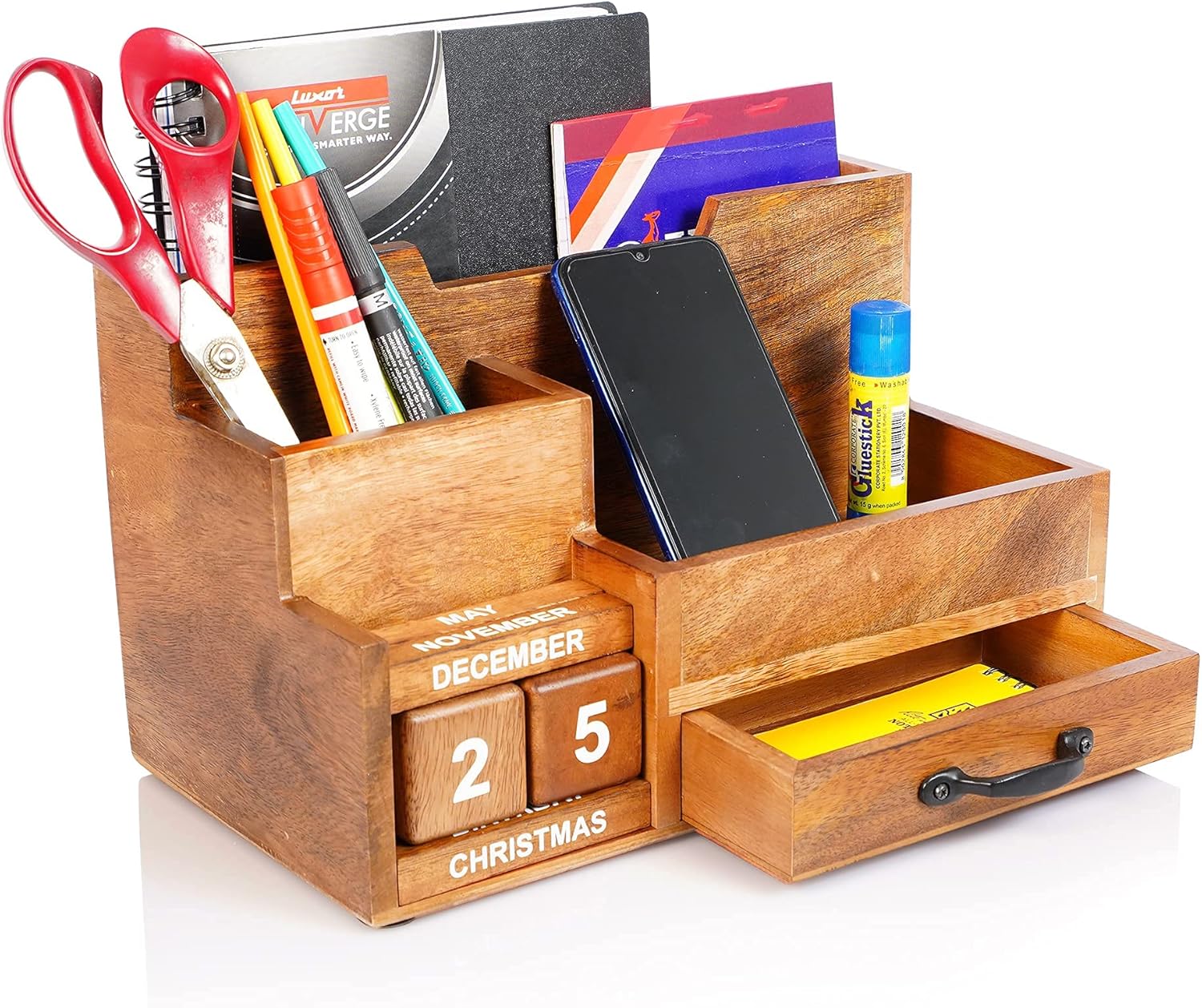 Rustic Wooden Desk Organizer with Block Calendar Mail