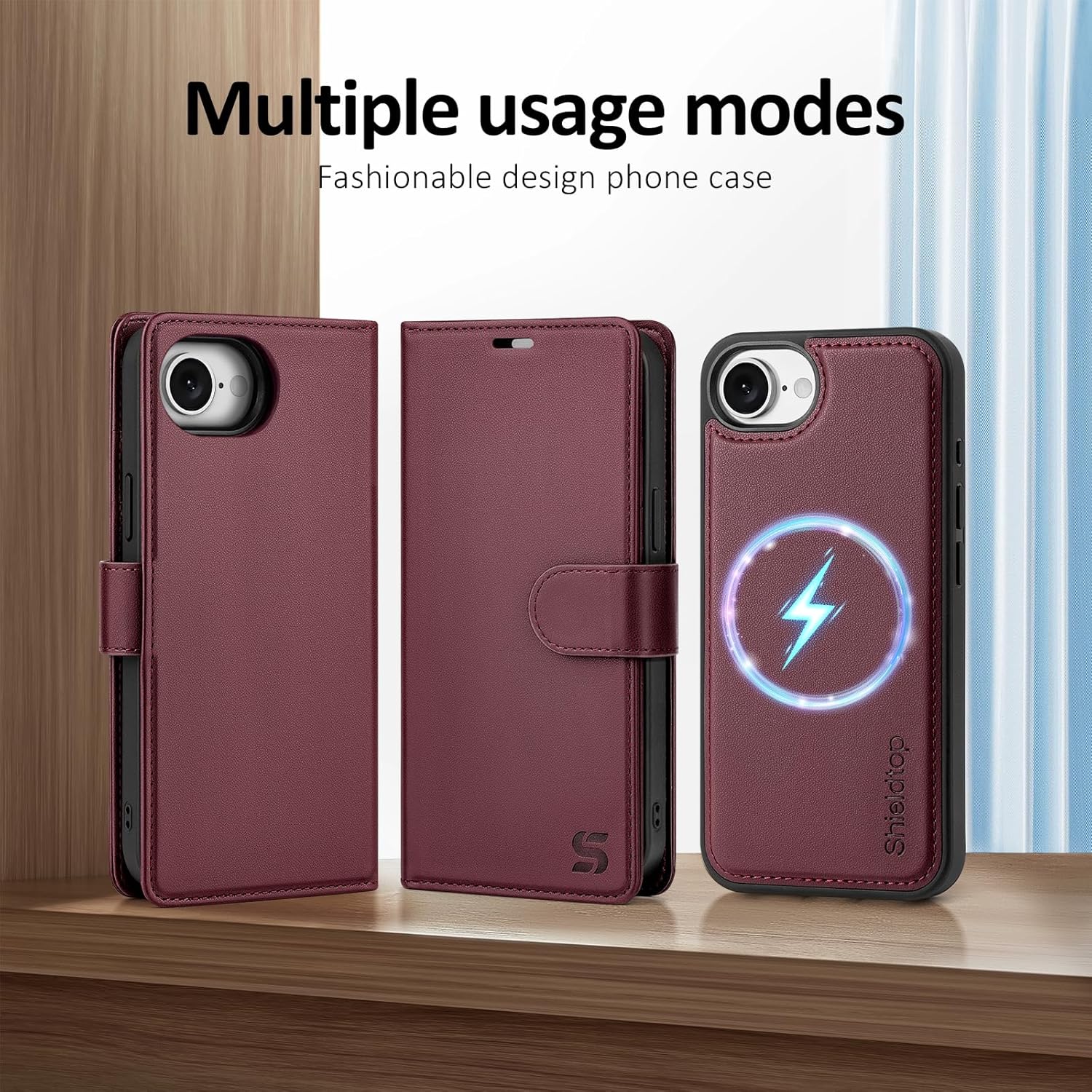 Shieldtop Compatible with Magsafe Magnetic 2 in 1 Detachable iPhone 17e / 16e Wallet Case with Card Holder Credit Card Slots Men Women,PU Leather RFID Blocking Flip Kickstand for Apple 17e,Wine Red
