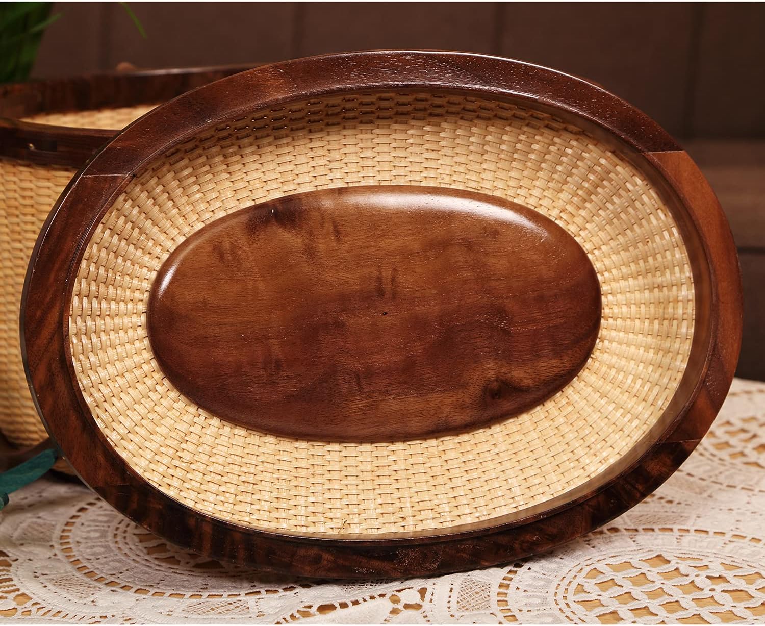 Nantucket Sewing Basket Purse, Containers with Dual Wood Handles .Cane-on-cane weave basket craft basket, with lid with handle