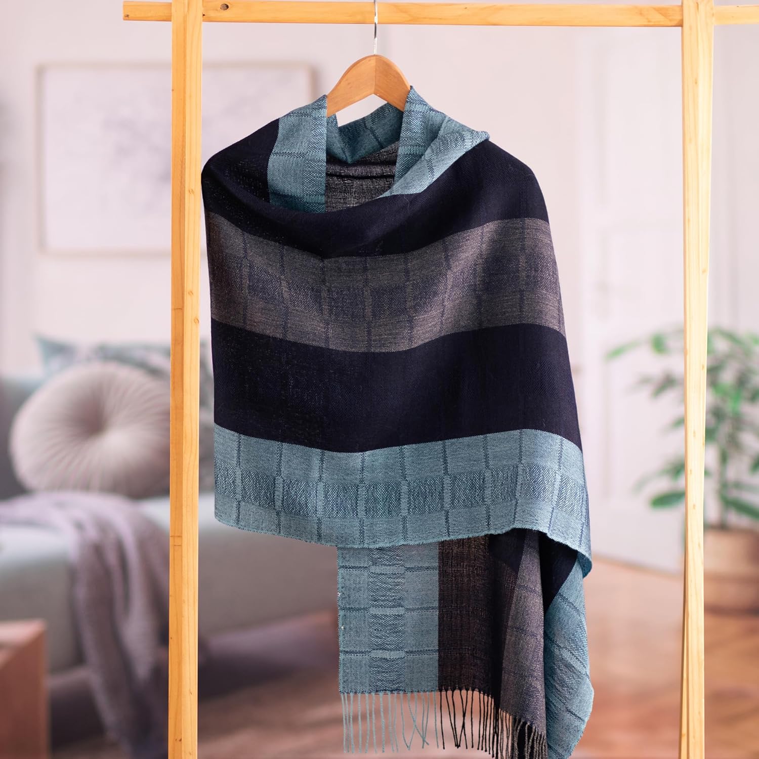 NOVICA Artisan Crafted Handmade Peruvian Alpaca Shawl | Wool Patterned Accessories Shawls | Warm Cozy | Rich Blue Spectrum | Fine Soft Fleece | Patternd Striped | Peru ' Huancayo Blues' 75" L x 27" W