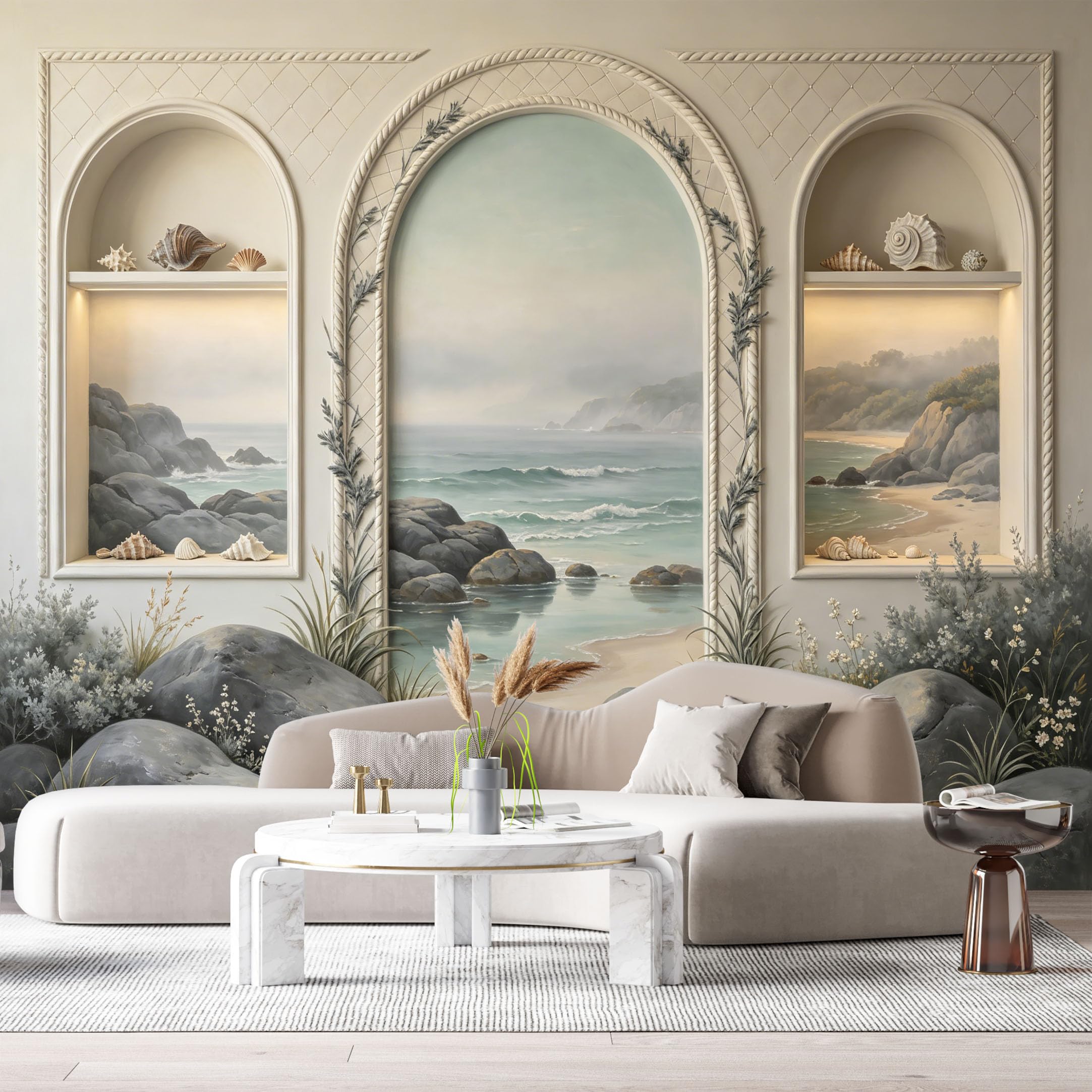 Custom Size Wall Murals Coastal Ocean Marine Shoreline Archway 3D Trompe L'Oeil SelfAdhesiveWall Fabric Removable Wallpaper Wall Decor for Living Room Bedroom Bathroom