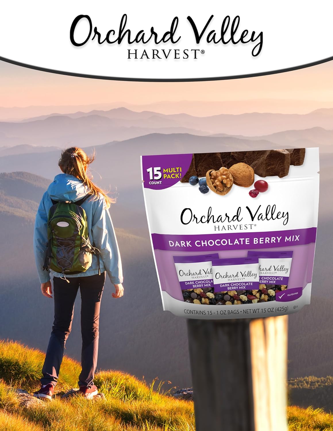 Orchard Valley Harvest Dark Chocolate Berry Mix, 1oz Snack Packs 15 Count – Walnuts, Sweetened Cranberries, Dark Chocolate Cherries, Blueberries, Gluten-Free, 2g Fiber, Chocolate Covered Berries