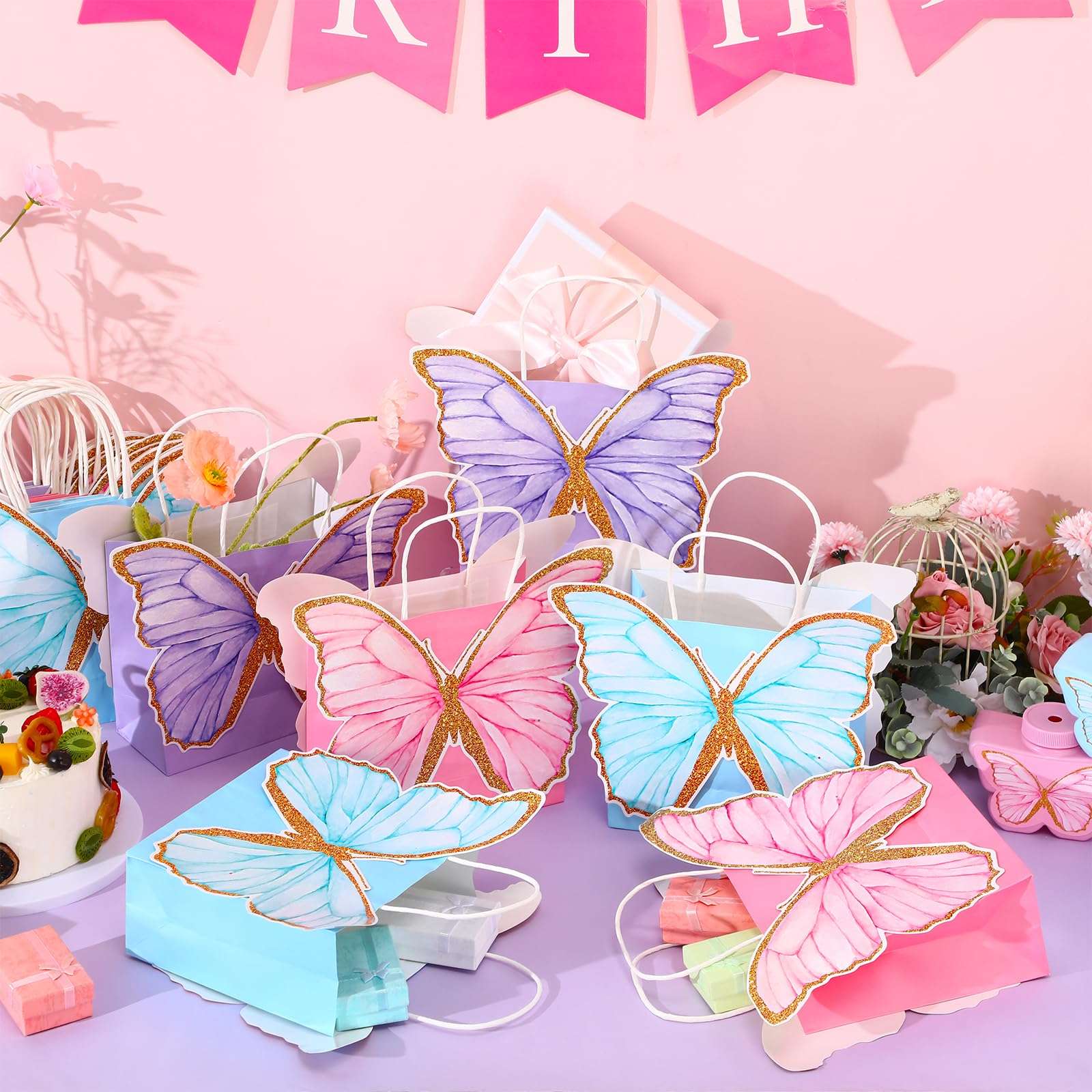 MotiMind 24 Pcs Butterfly Party Favor Bags with Handles Pink Purple Blue Butterfly Goodie Gift Paper Treat Candy Bags for Birthday Party Bridal Showers Supplies (Fresh Colors)