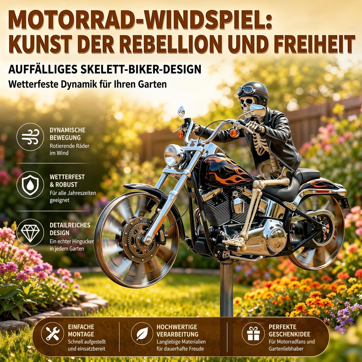Skelett Motorrad Windspiel, Motorrad Windrad Garten Windspiel, Biker-Totenkopf-Windmühlenpfahl Skelett-Motorrads Gartenspinner, für Terrasse, Hof, Gartens, Garden Decoration