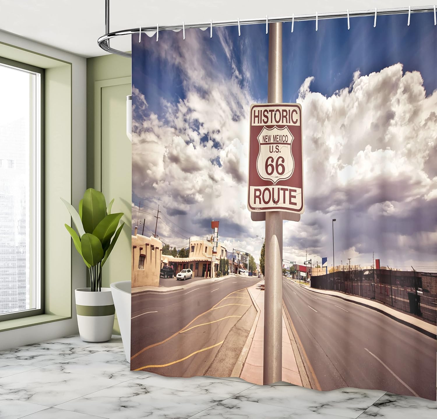Ambesonne Americana Shower Curtain, Historic New Mexico U.S 66 Route Sign Roadway Driving Roadside Scenery, Cloth Fabric Bathroom Decor Set with Hooks, 75" Long, Multicolor Dust Blue