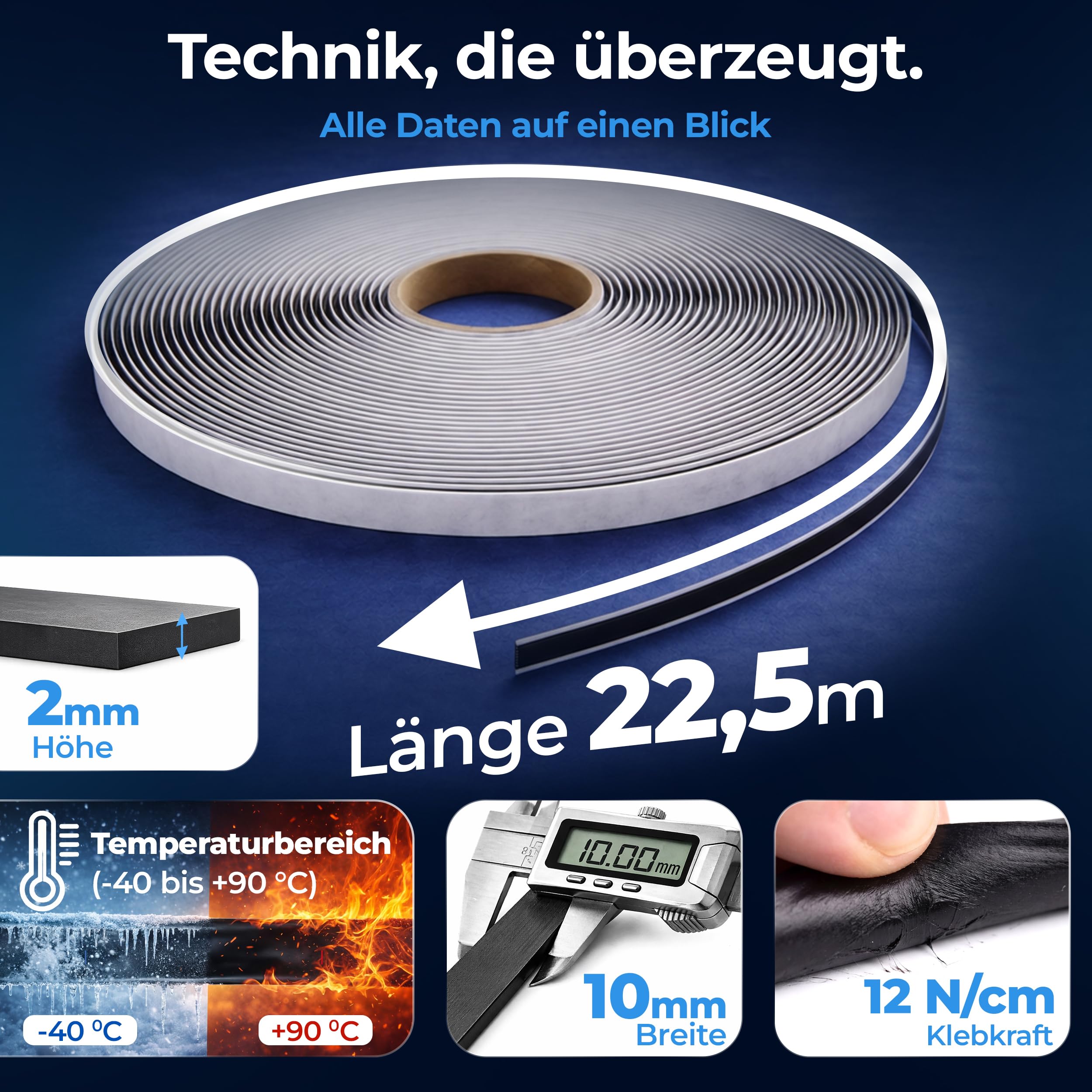 NADOtec Cinta de butilo negra 10 mm x 2 mm x 22,5 m – Cinta de sellado adhesiva por ambos lados para coche, ventana, puerta y canalón – resistente al agua butilo para juntas – Junta universal – Cinta