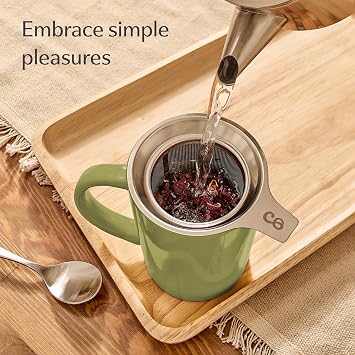 Cosumy Tea Cup with Infuser and Lid - 400ml Large - Ceramig Mug (Matcha Green)