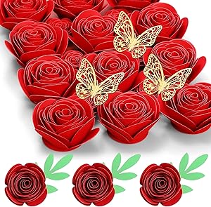 Mverse 3D Rolled Paper Flowers for Shadow Box & Graduation Cap Decorations - Handcrafted Small Roses Craft Kit with 3D Butterflies & Leaves - DIY Scrapbook Embellishments (Red)