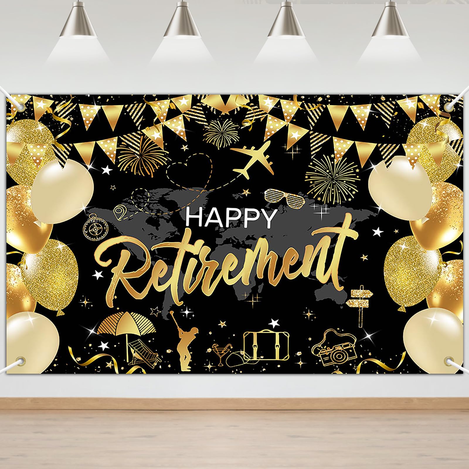 Mocsicka Retirement Party Decorations Black and Gold Happy Retirement Backdrop Banner Retired Party Decorations Photo Booth Props (Black Gold,