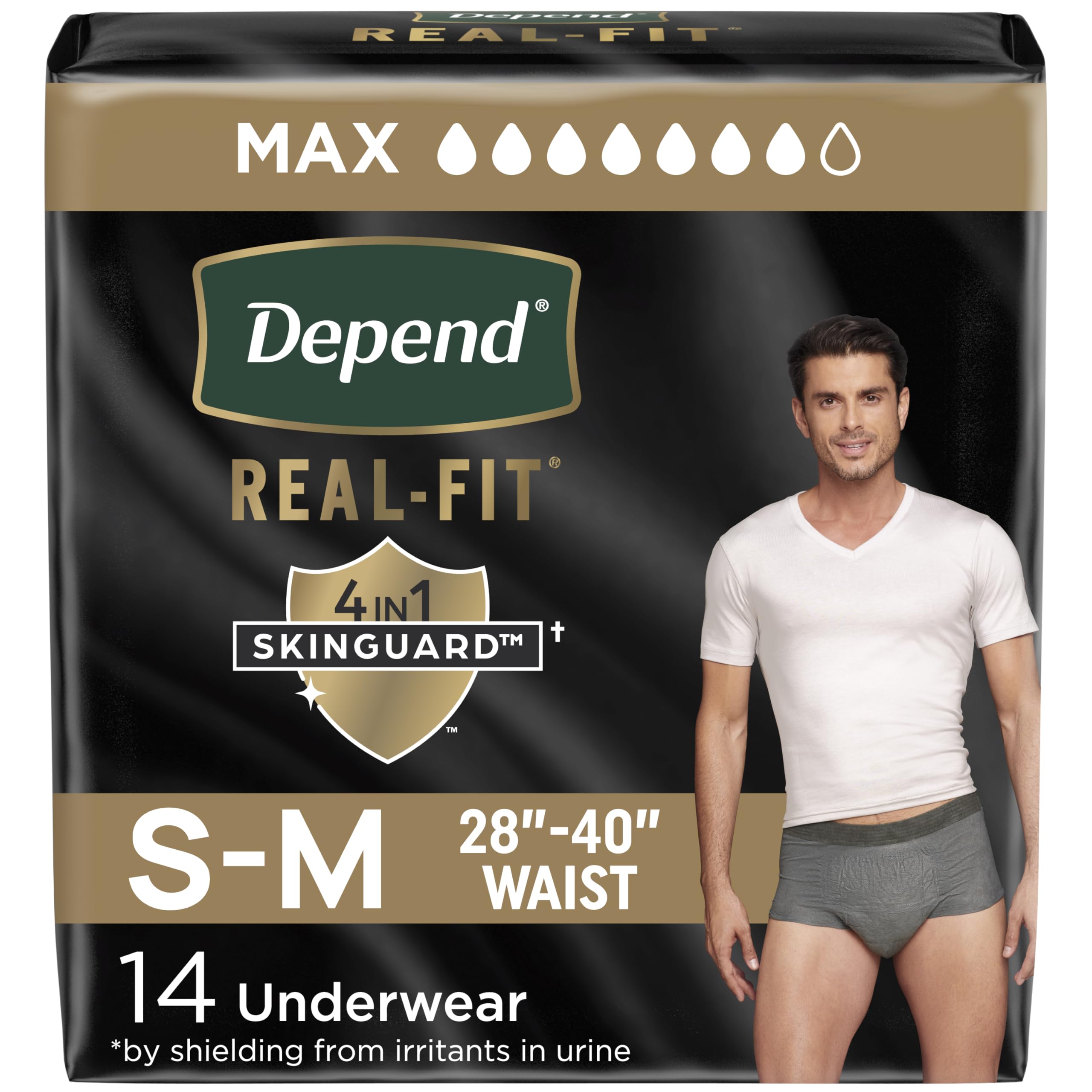 Depend Real Fit Adult Diapers, Incontinence Underwear for Men, Disposable, Maximum Absorbency, Small/Medium, Grey, 14 Count, Packaging May Vary