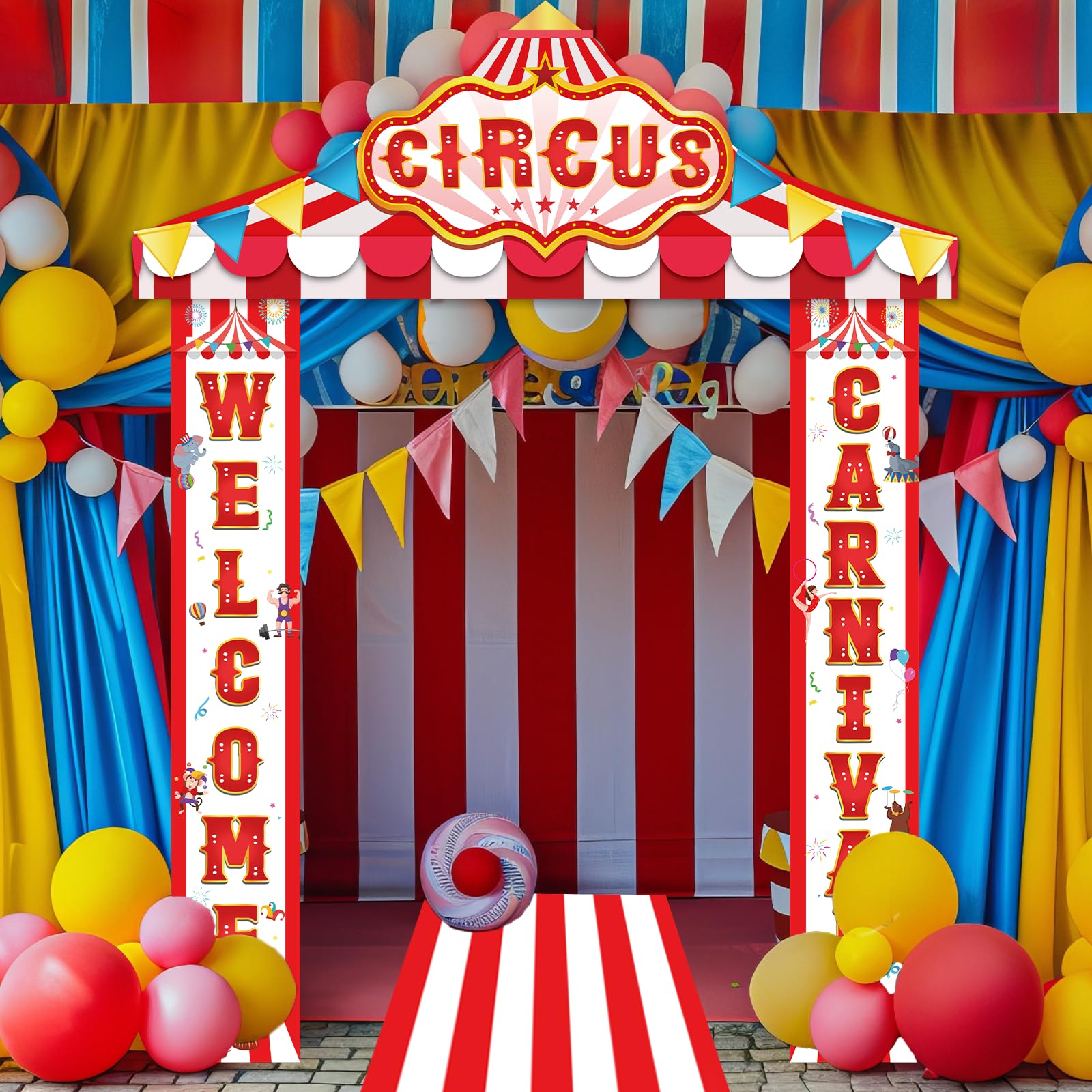 4 pancartas de fiesta de carnaval, decoración de fiesta de circo, decoración de tienda de campaña, toldo de rayas rojas y blancas, pancarta colgante de bienvenida, carnaval, decoración de fiesta para