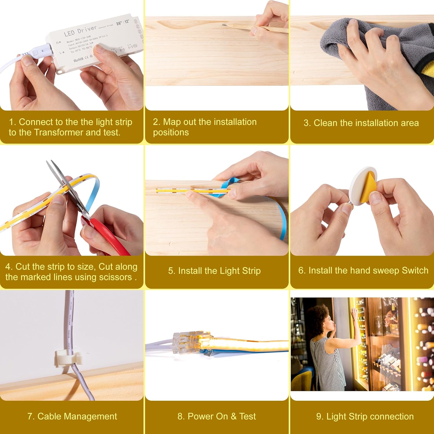 16.4ft 3000K Shelf Sights, Plug-in Cut to Size COB LED Light Strip for 6 Shelves, Hand-Sweep Under Shelf Lighting for Pantry Bookshelf - Image 6