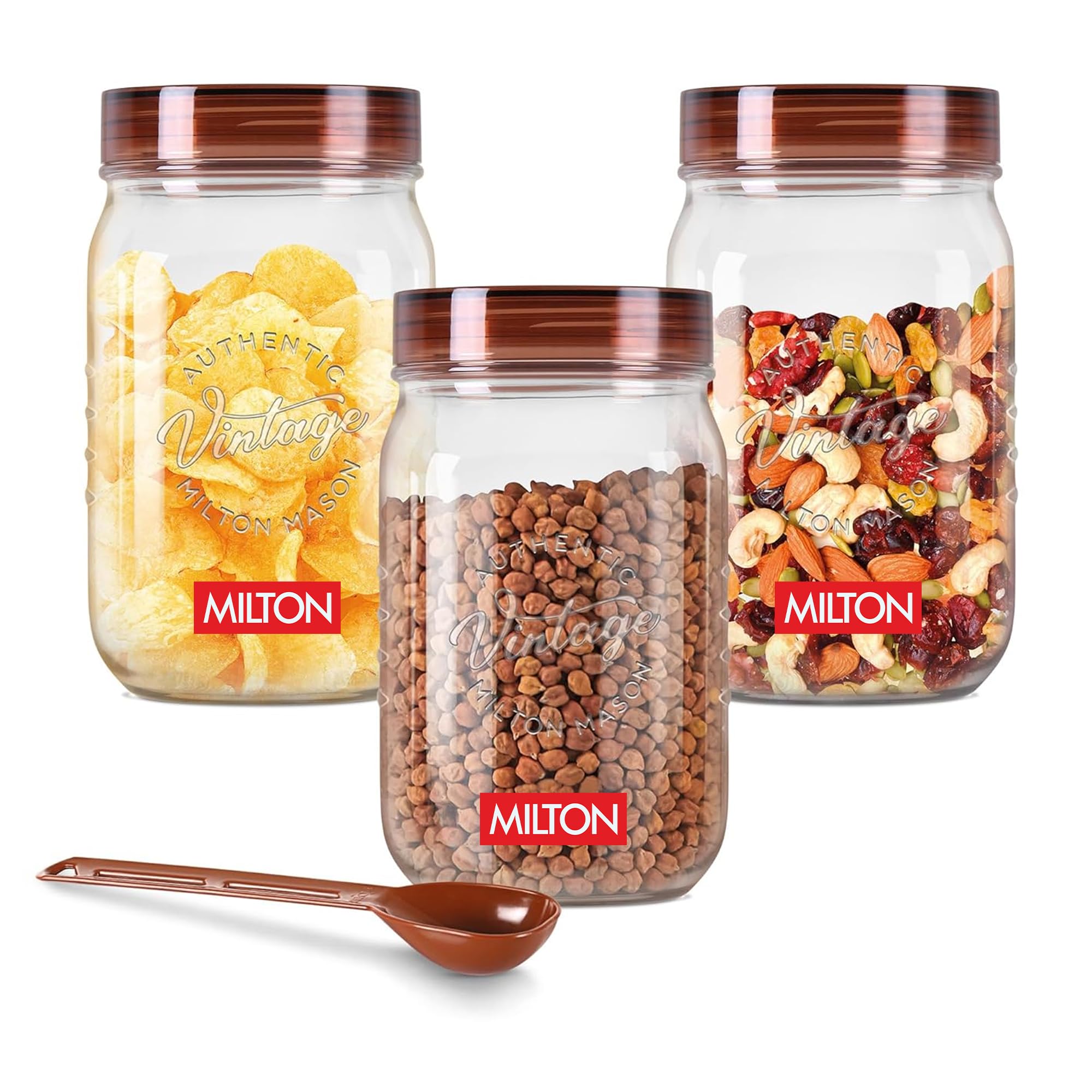 MILTON Vintage Airtight Containers with Spoons for Kitchen Storage, Food Grade Plastic, Stackable & Transparent Organizer Jars, Masala Dabba, Set of 3 (750ml each) for Tea, Coffee, Sugar, Dry Fruits