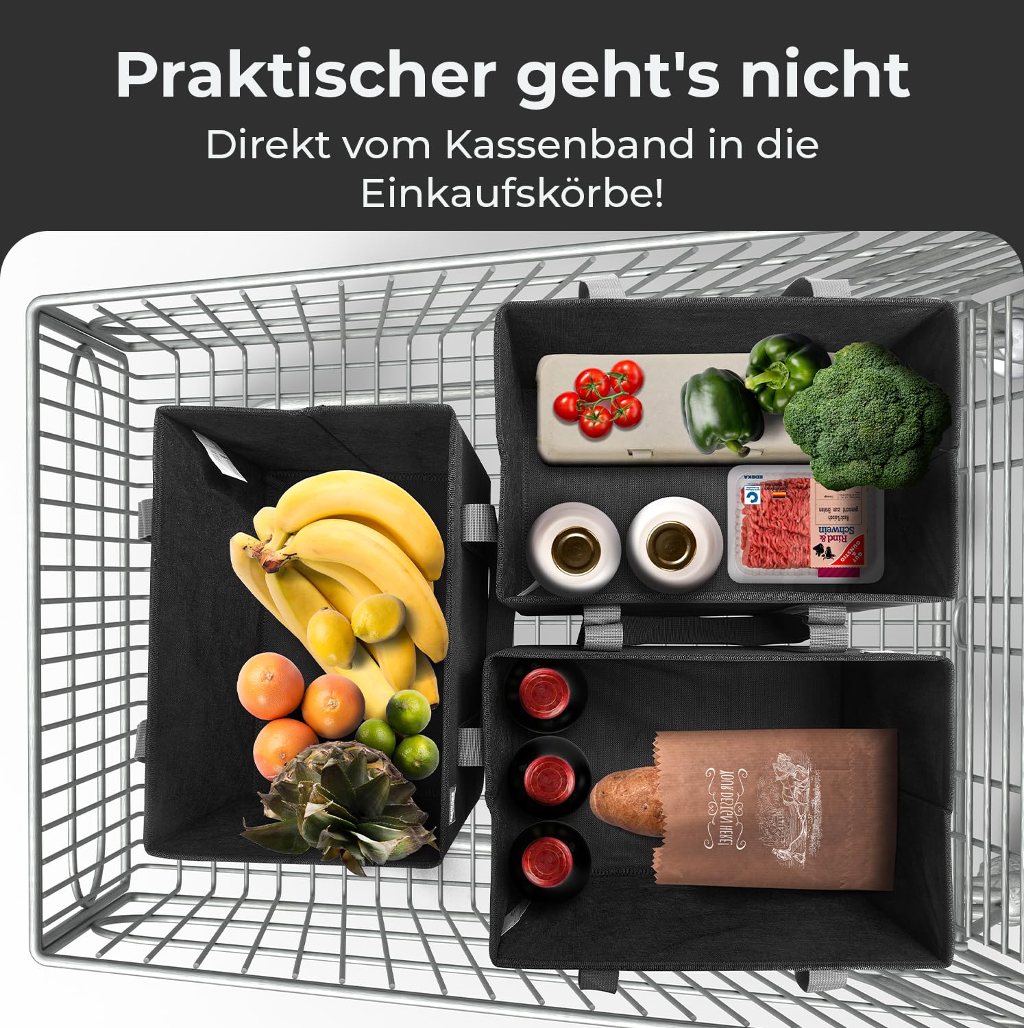 achilles 3er Set Einkaufskorb - Einkaufstaschen - Aufbewahrungsboxen - Kofferraum-Taschen - Einkaufsbox - schwarz - 37x25x25cm
