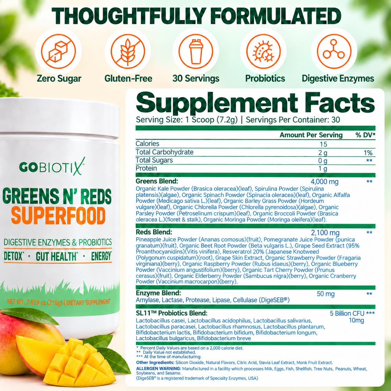 GOBIOTIX Super Greens Powder with Beet Root, Spirulina, Moringa & Chlorella – Probiotics, Enzymes & 21 Superfoods – Zero Sugar, Vegan, Non-GMO – 30 Servings (Mango) — Amazon image 5