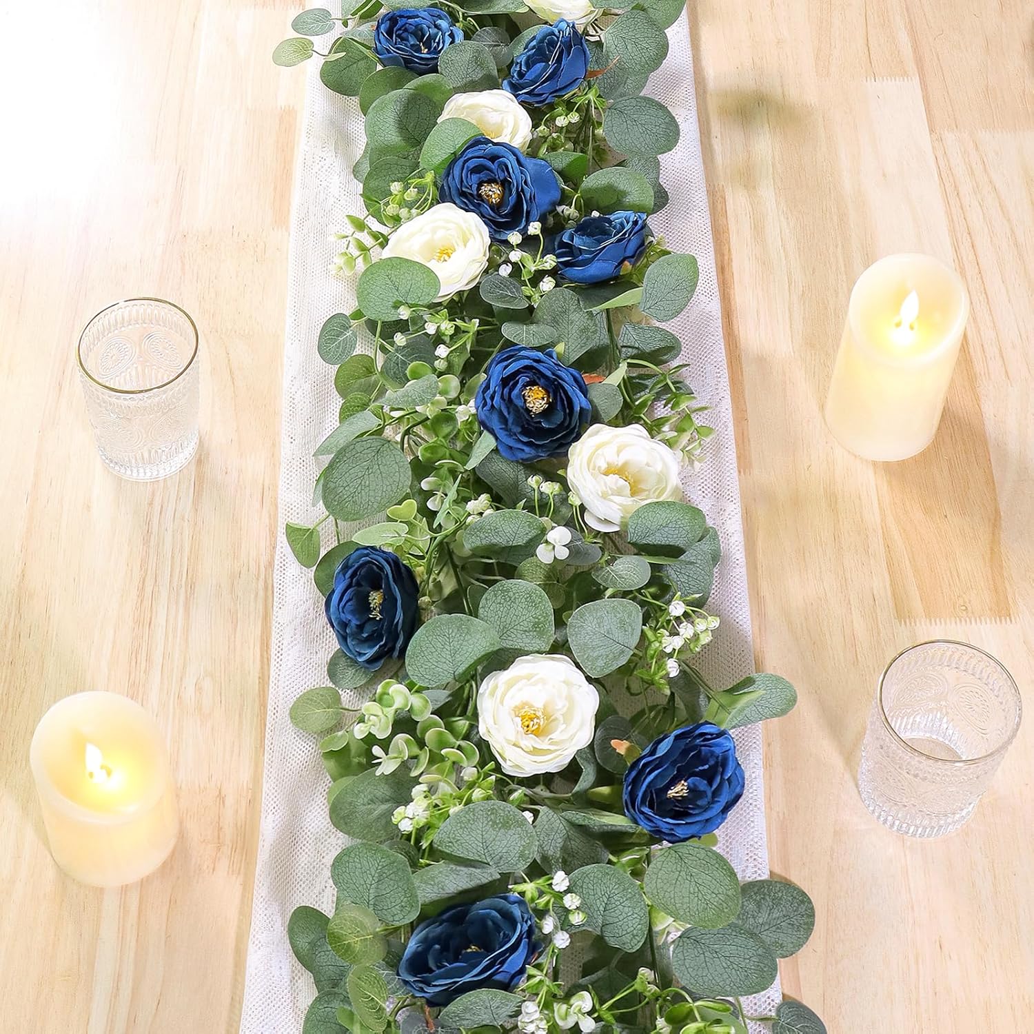 TOCHGREEN 2 Pack 13Ft Artificial Eucalyptus Flower Garland with White and Blue Roses, Fake Rose Flower Greenery Garland Floral Vines for Wedding Home Party Table Runner Decor (Blue White, 2PCS) 2PCS Blue White