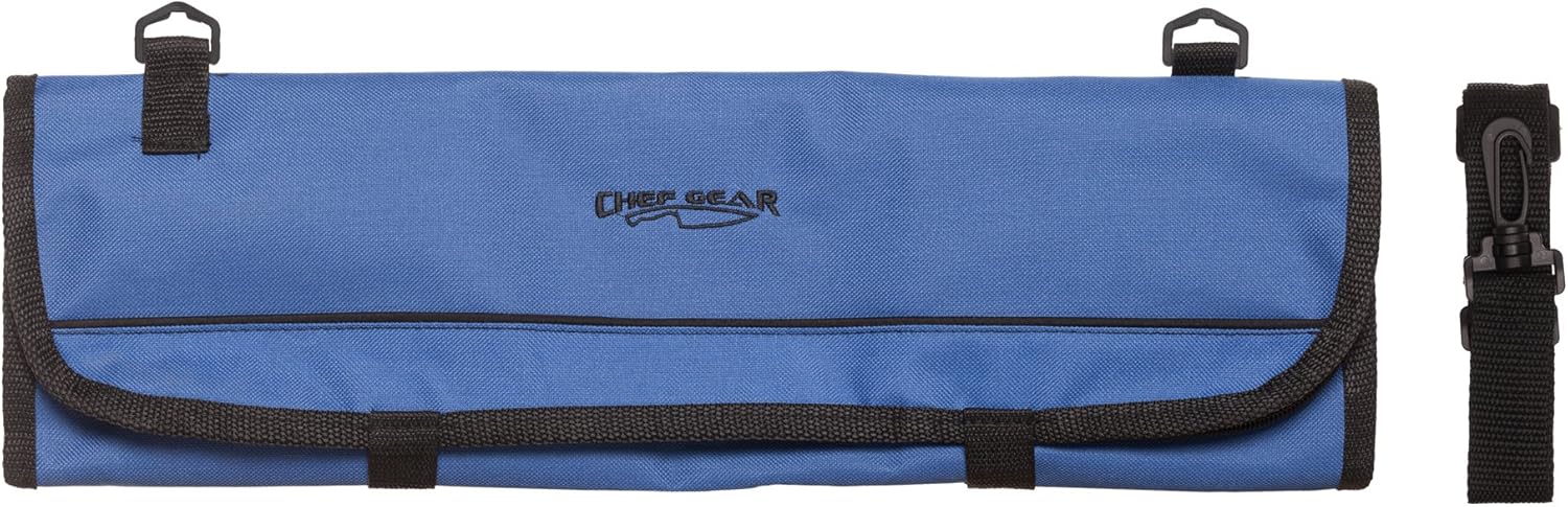Ergo Chef 8 Pocket Roll Bag for Chef Knives, 1 Large Mesh Pocket for Kitchen Utensils, Durable Nylon-Polyester Blend, with Shoulder Strap (Blue)