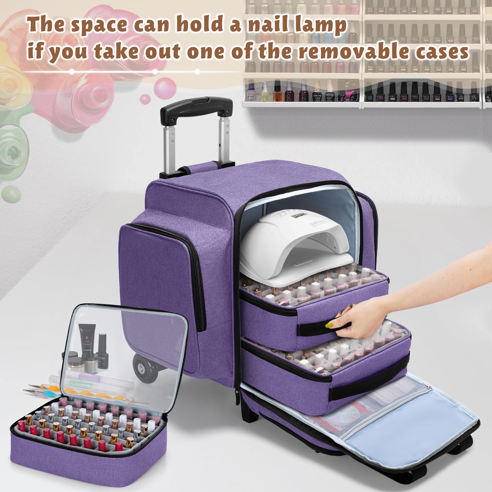 BAFASO Organizador Esmaltes de Uñas para 144 Botellas con 3 Bolsas, Morado | Bolsa para Esmalte de Uñas con Trolley Desmontable, Solo Bolsa (Pendiente de Patente)