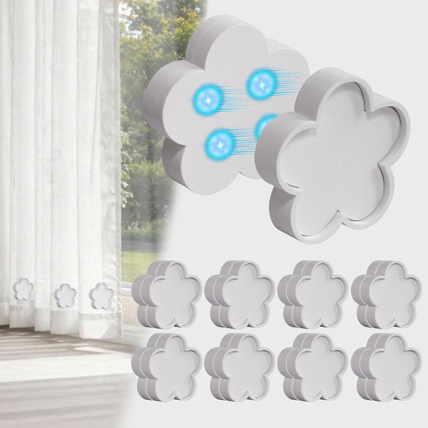 16 Pcs (8 Pairs) Magnetic Curtain Weights, Heavy Duty Outdoor Curtain Weights with 4 Strong Magnets, Waterproof Flower Shaped Curtain Magnets for Drapes, Sheer Curtains & Tablecloth (White)