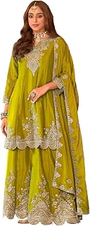 INDO ERA Women's Chinon Ethnic Motifs Embroidered A-Line Kurta & Palazzo with Dupatta Set (IEOUT194) Price In India