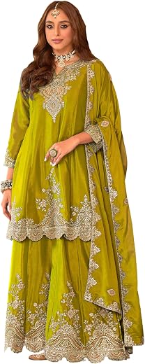 INDO ERA Women's Chinon Ethnic Motifs Embroidered A-Line Kurta &amp; Palazzo with Dupatta Set (IEOUT194)