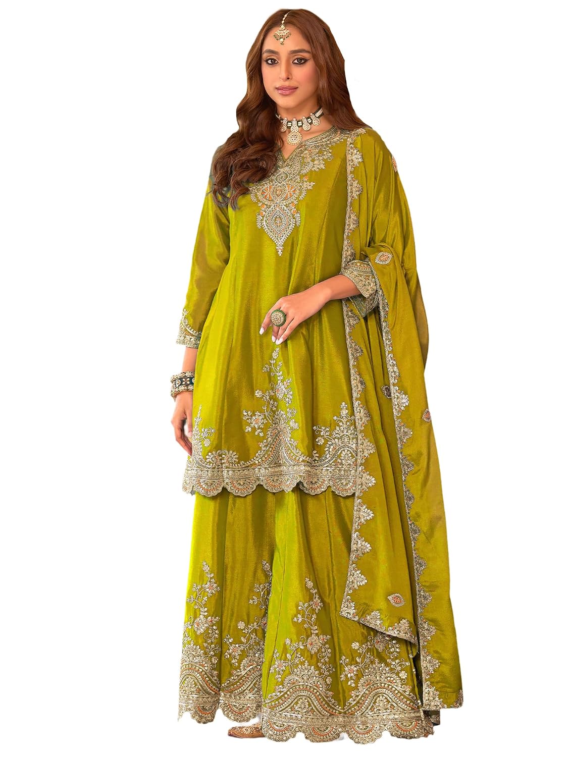 INDO ERA Women's Chinon Ethnic Motifs Embroidered A-Line Kurta & Palazzo with Dupatta Set (IEOUT194) - Review, Price and Buying Guide