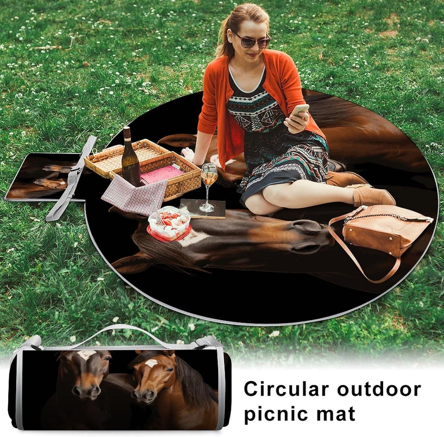 Two Horses Standing on Black Background Picnic Mat Lightweight Waterproof Picnic Blankets Extra Large Picnic Outdoor Blankets Foldable Sandproof Beach Blanket for Park Beach Camping Courtyard 58.3''x5