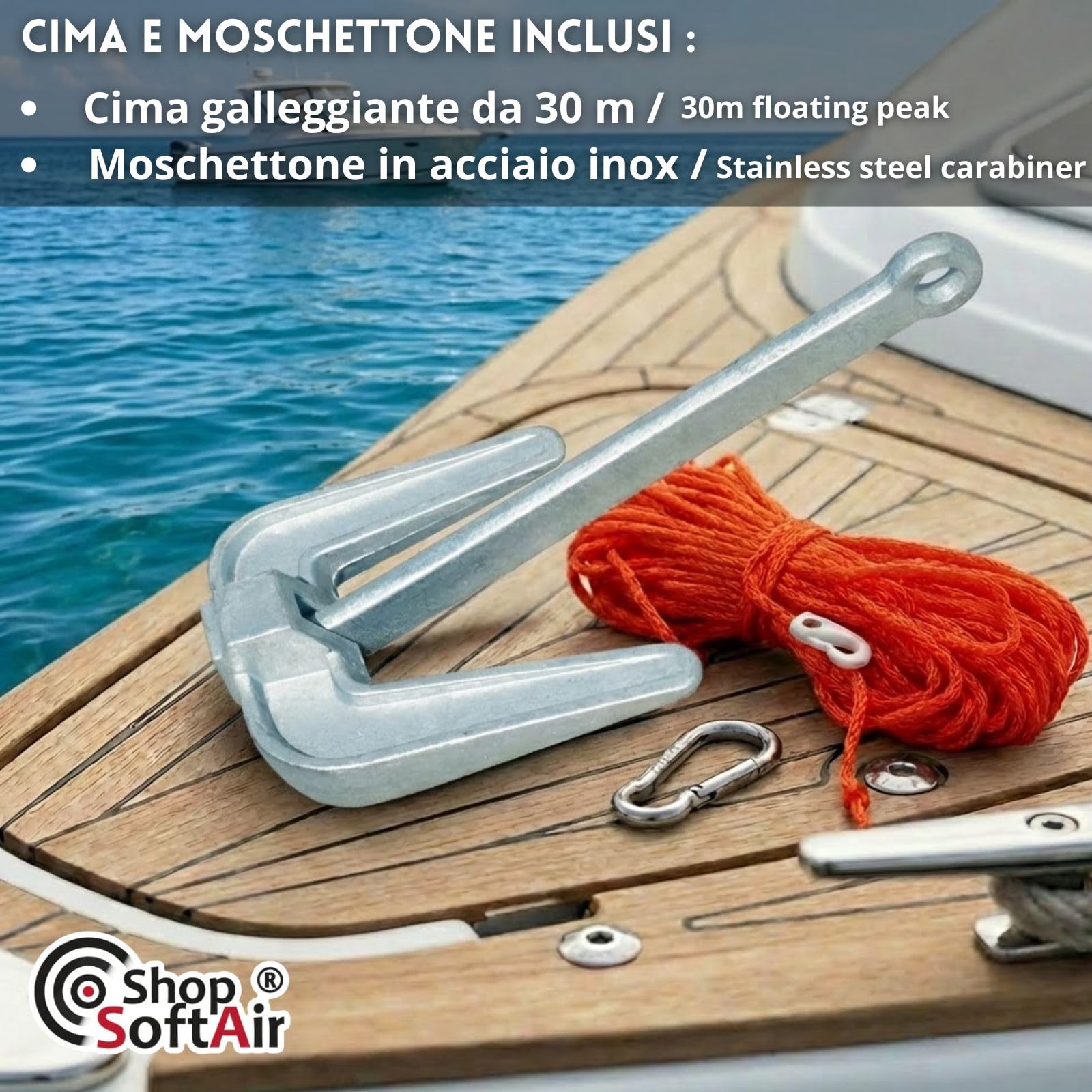 Ancora Hall in Ghisa Zincata a Caldo con Cima Galleggiante 30m e Moschettone Inox Inclusi –Ceppo Mobile per Barca e Gommone – Sabbia e Fango – 2Kg 3Kg 4Kg 6Kg 8Kg 10Kg