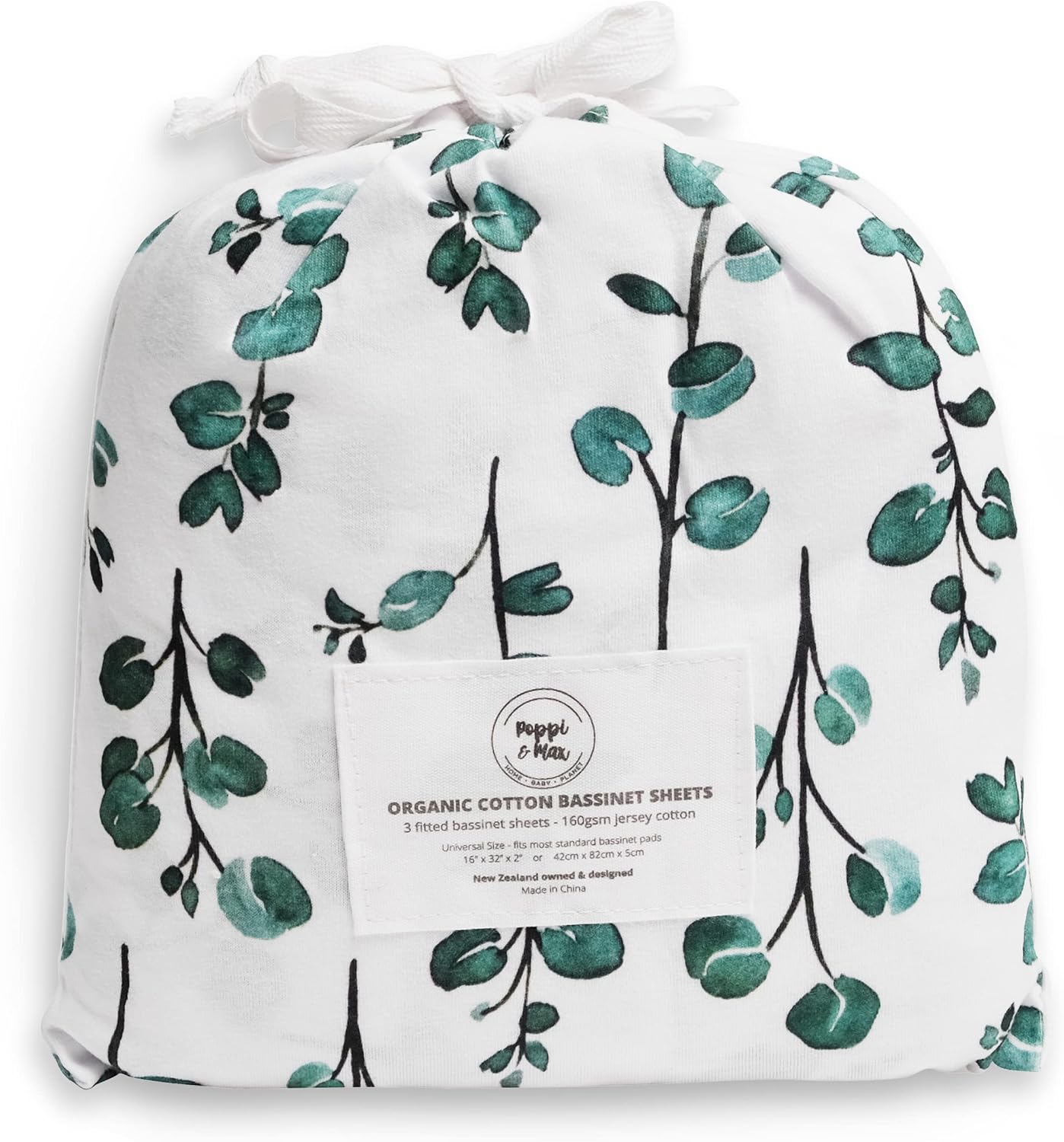 POPPI & MAX: 100% Organic Bassinet Sheets – Premium Jersey Cotton 3-Sheet Set for Baby Girl or Boy | Fitted Sheets for Oval, Rectangle, Halo Bassinet Pads & Moses Basket | Boho Floral Eucalyptus Leaf