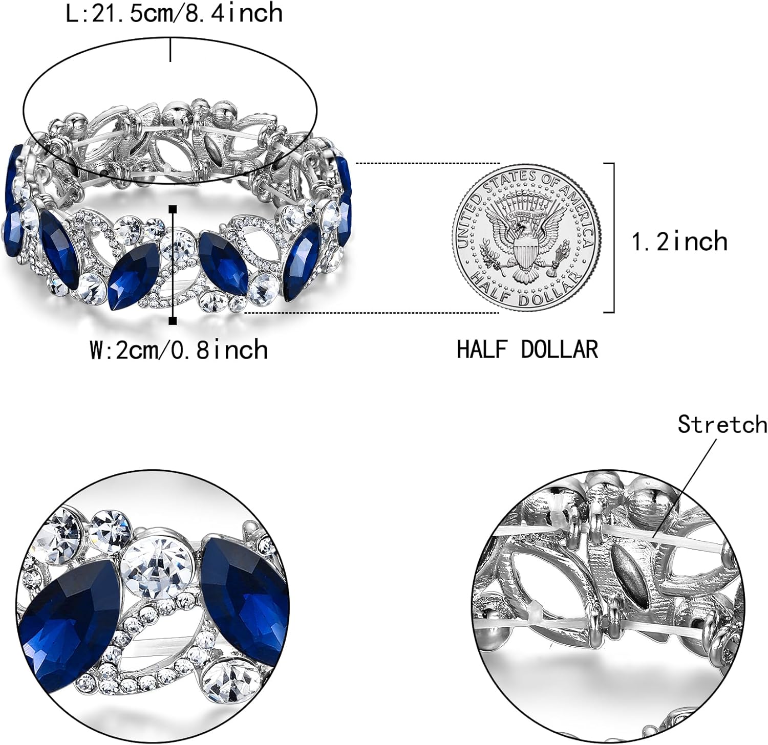 Flyonce Wedding Bridal Marquised Rhinestone Crystal Elastic Stretch Bracelets for Women - Image 5