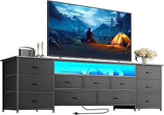 Huuger 70 Inch TV Stand for 75, 80 Inch TV, 11 Drawer Long Dresser with Power Outlets and LED Lights, Entertainment Center with Storage, Grey Dresser with PU Le