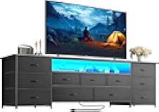 Huuger 70 Inch TV Stand for 75, 80 Inch TV, 11 Drawer Long Dresser with Power Outlets and LED Lights, Entertainment Center with Storage, Grey Dresser with PU Leather Surface, 1TS011H