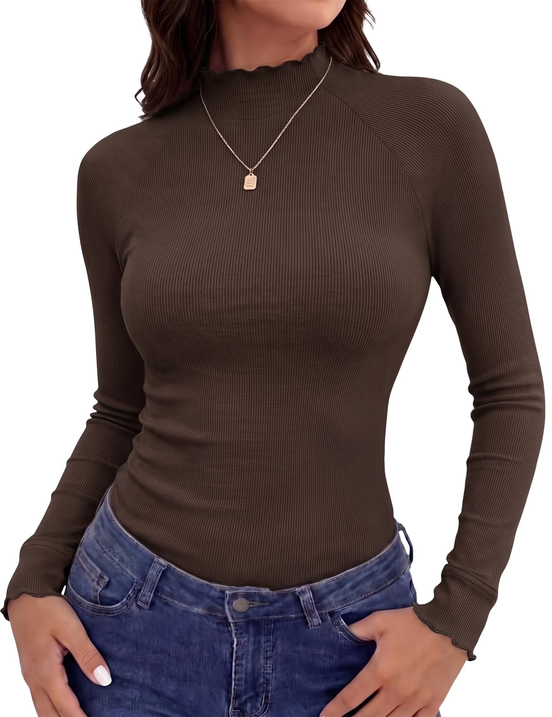 Leversic Langarmshirt Damen Gerippt Stehkragen mit Wellensaum Oberteil | Elegantes und Raglanärmel Stretch-Oberteil Modisches und Vielseitiges Oberteil für den Alltag Perfekt für Jede Jahreszeit
